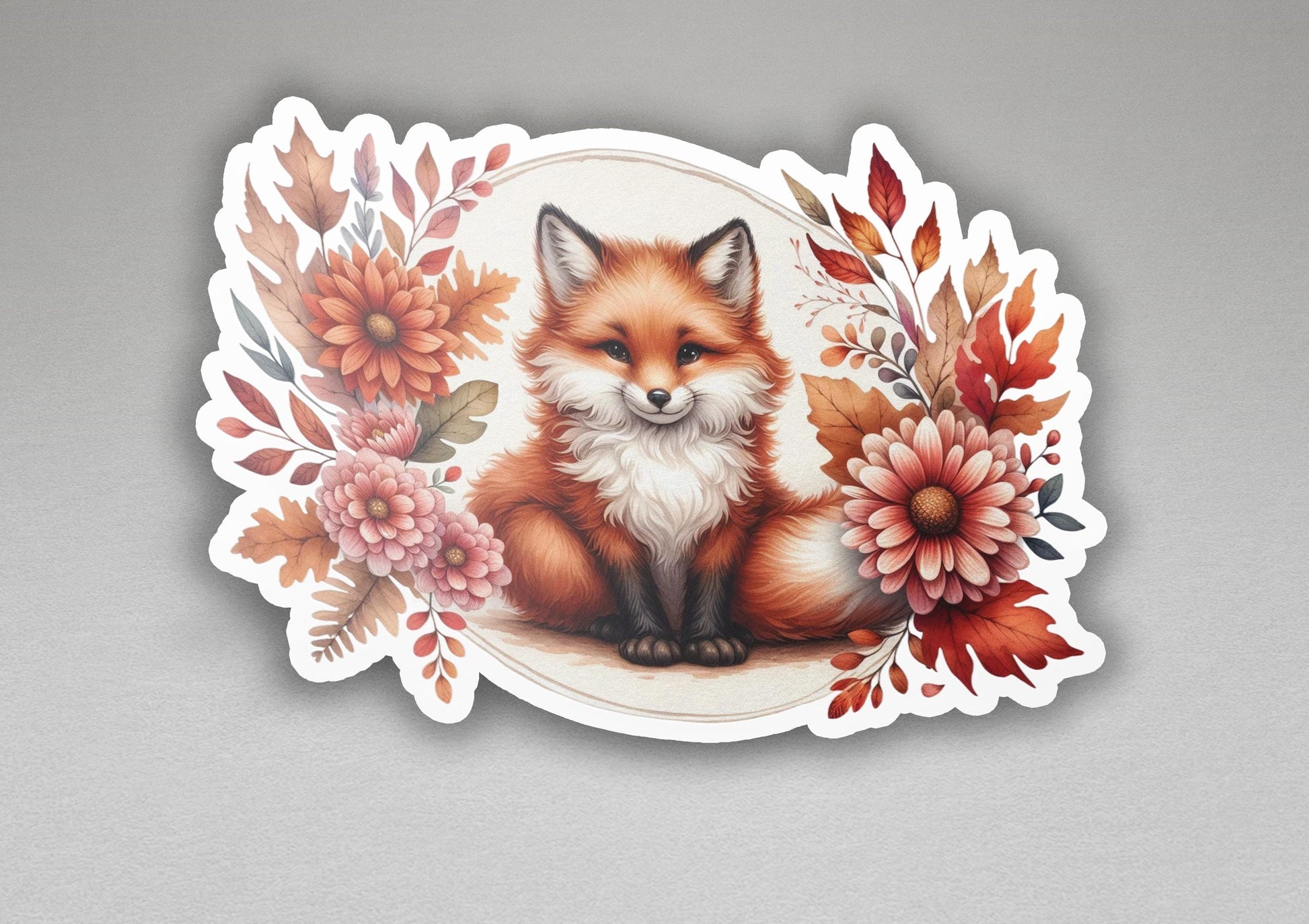 a sticker with a picture of a fox surrounded by flowers