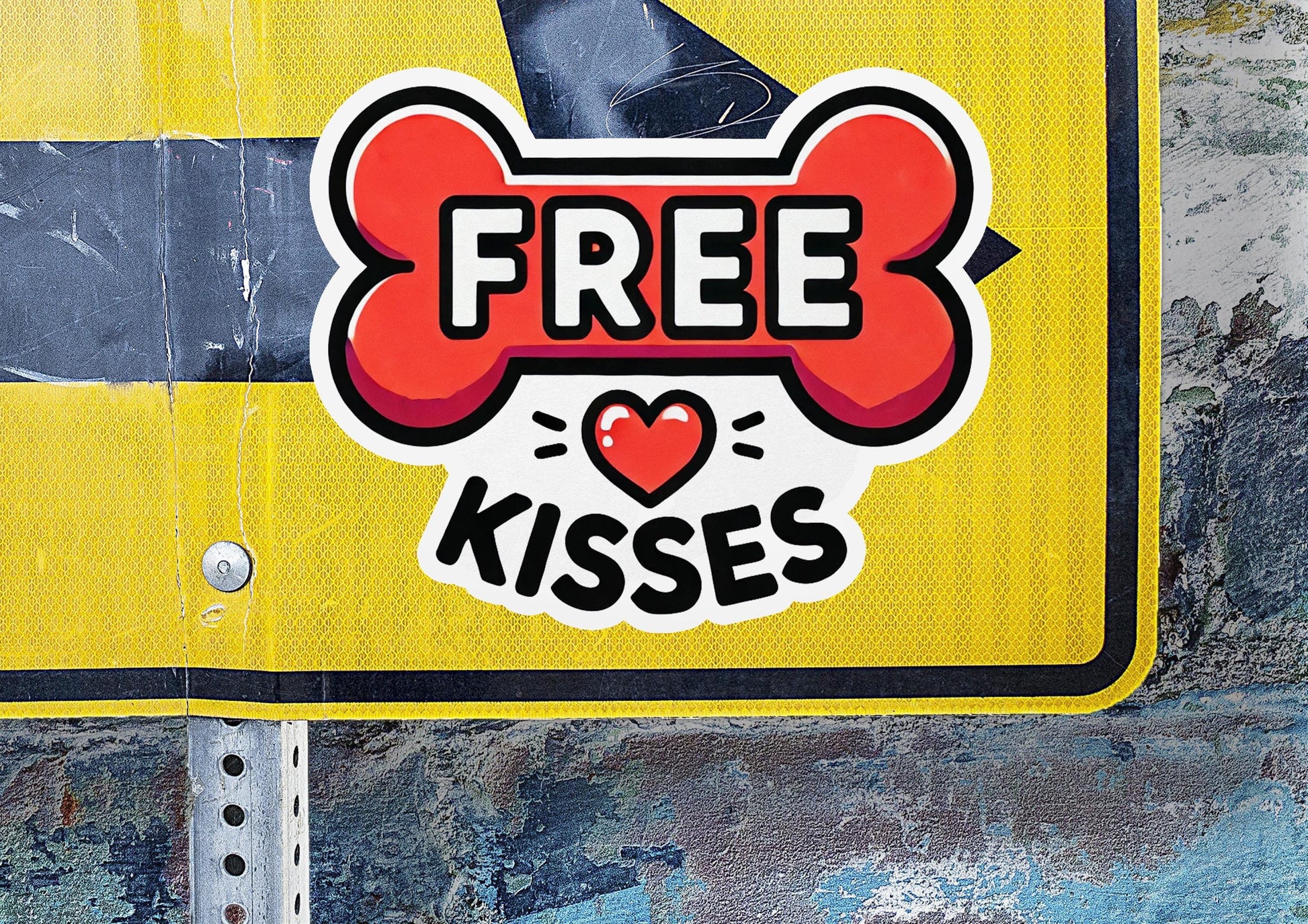 a free kisses sign with a large bone on it