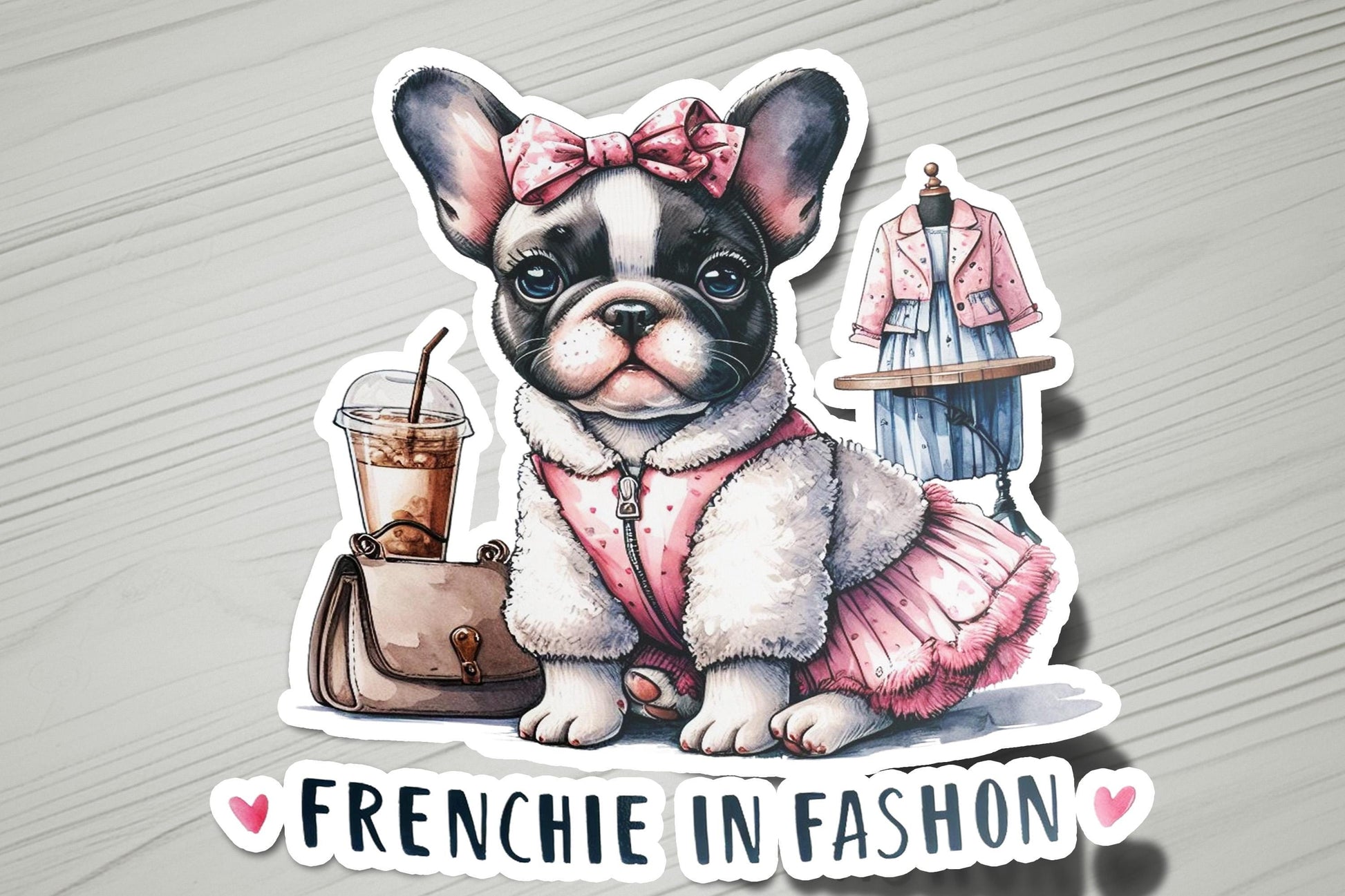 a sticker of a frenchie in a pink dress