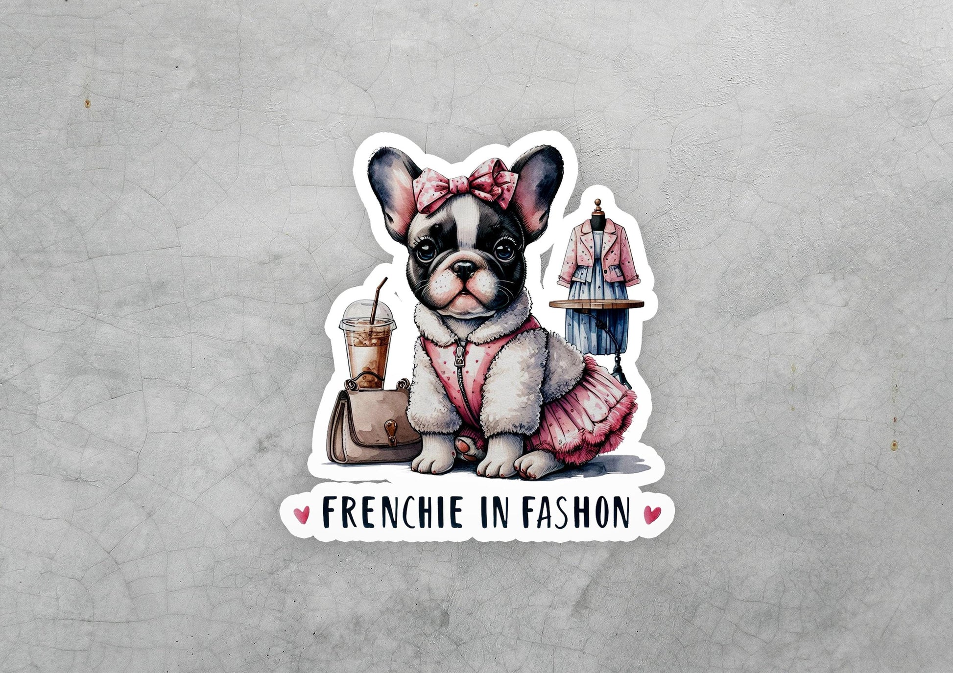 a sticker of a frenchie in a pink dress
