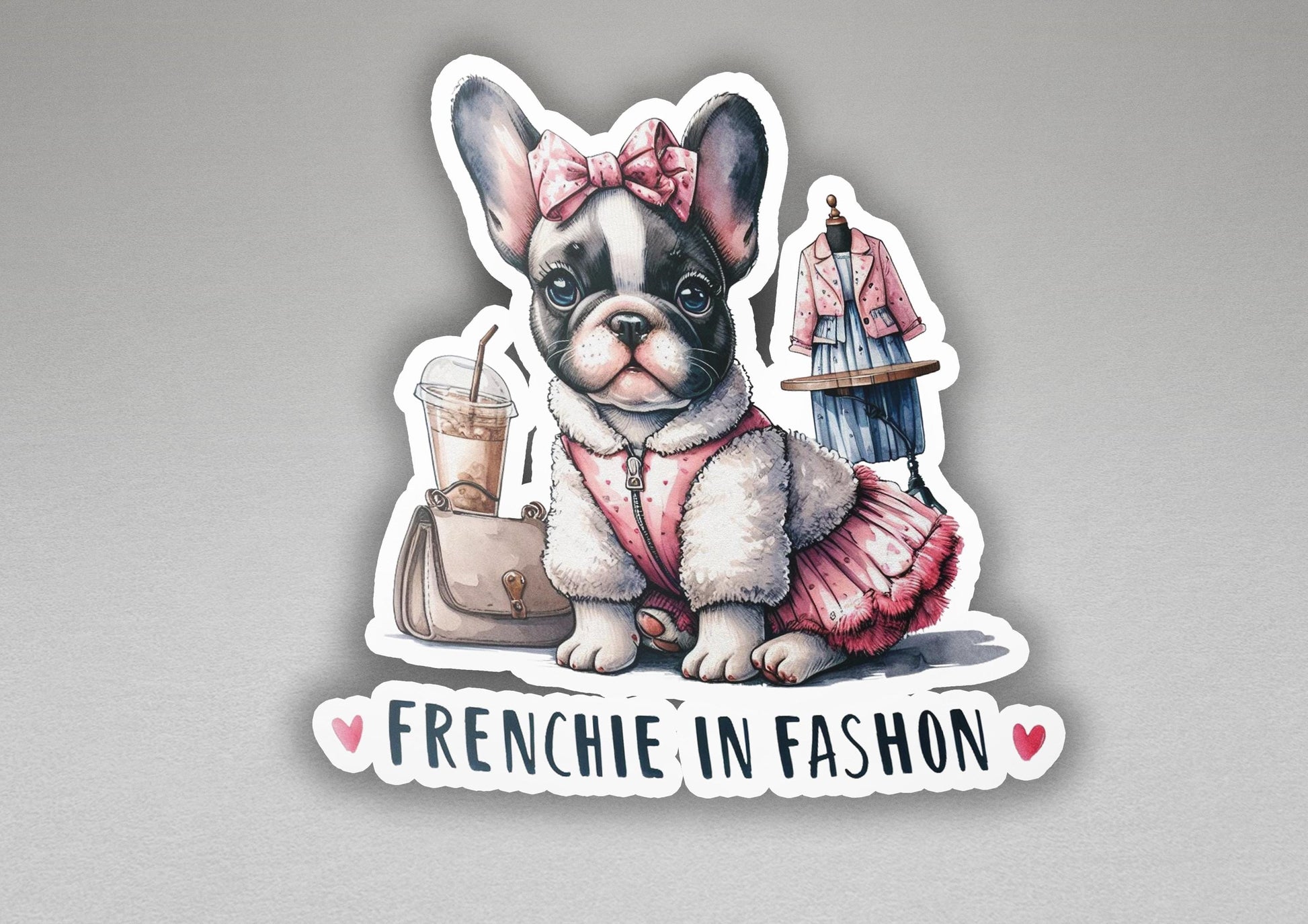 a sticker of a frenchie in a pink dress