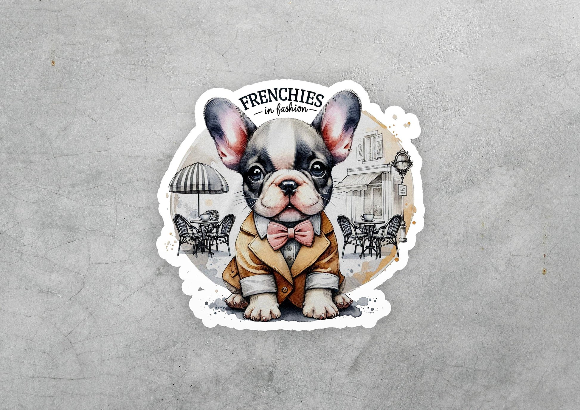 a sticker of a dog wearing a suit and bow tie