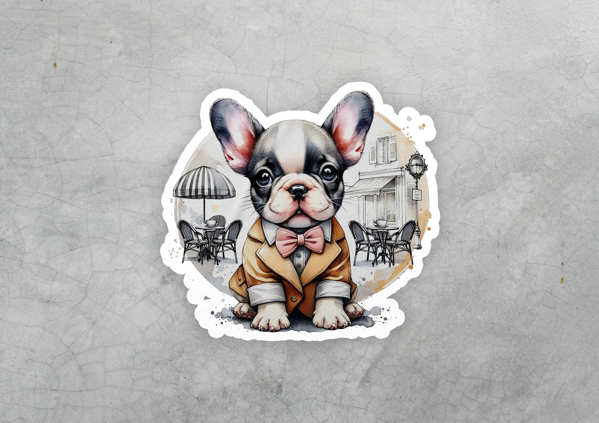 a sticker of a dog wearing a suit and bow tie