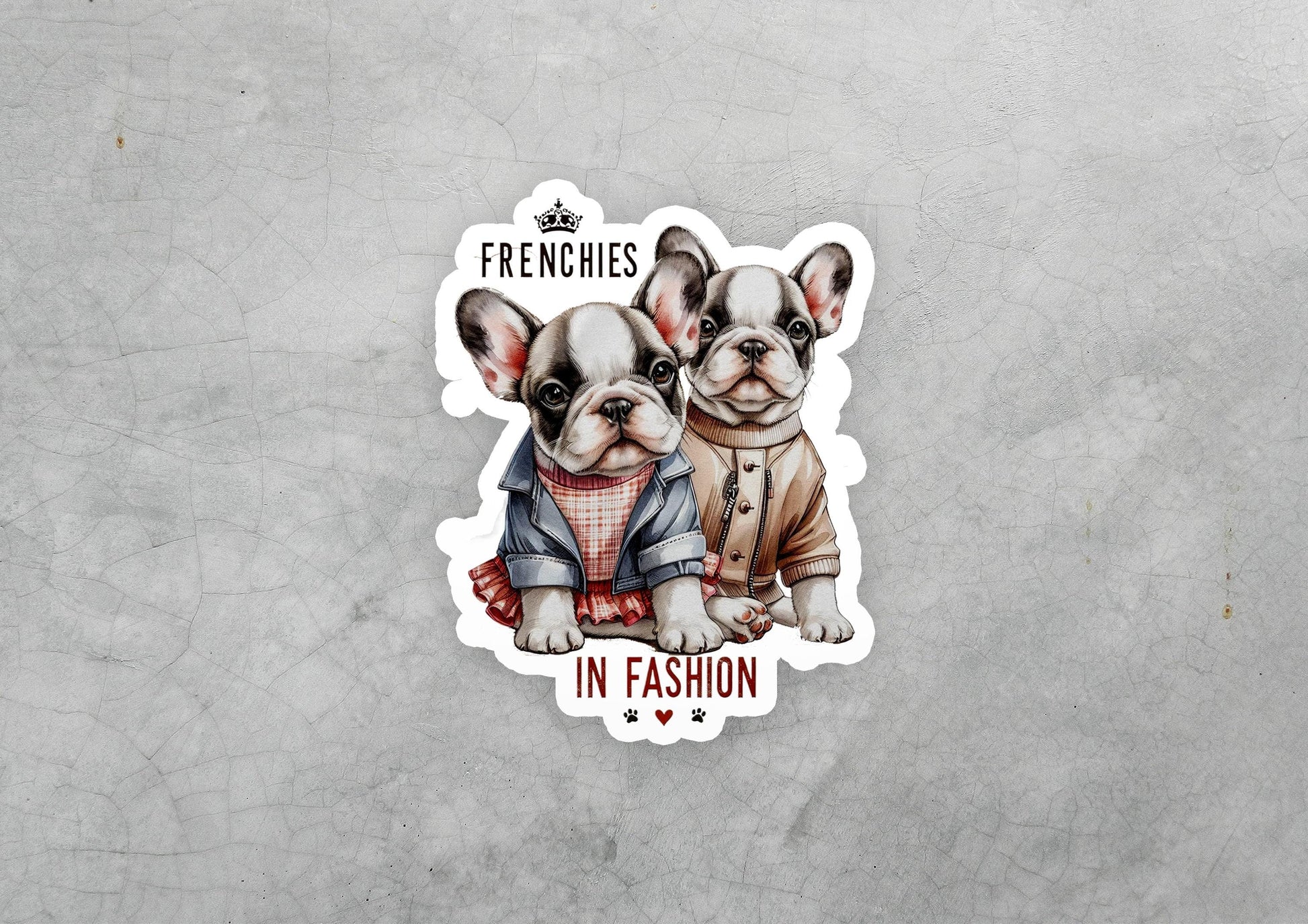a sticker of two french bulldogs wearing clothes