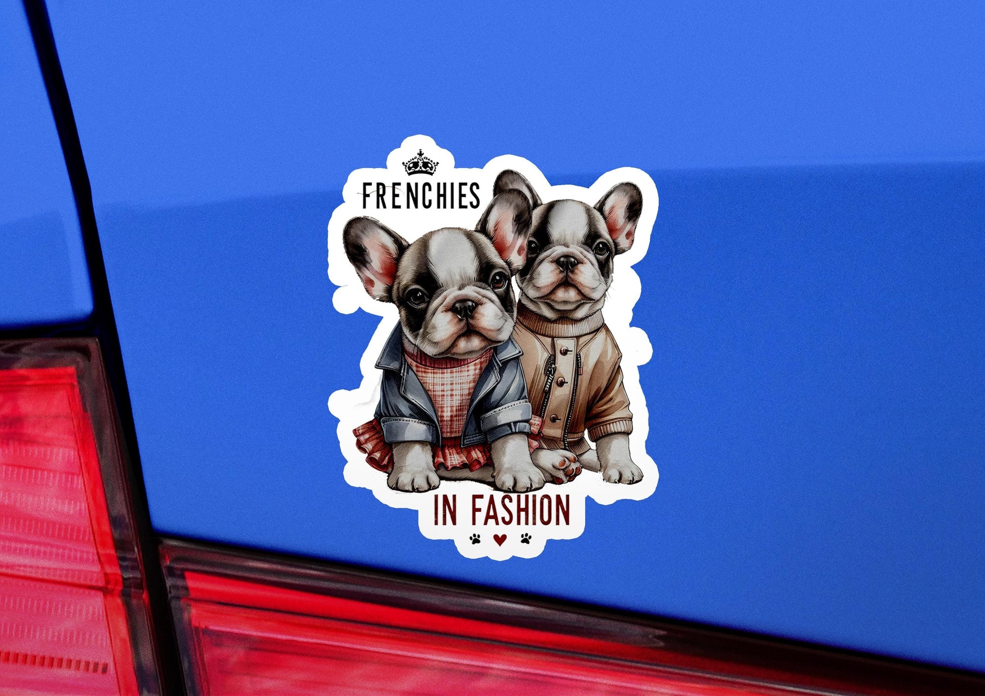 a pair of french bulldogs stickers on the back of a car