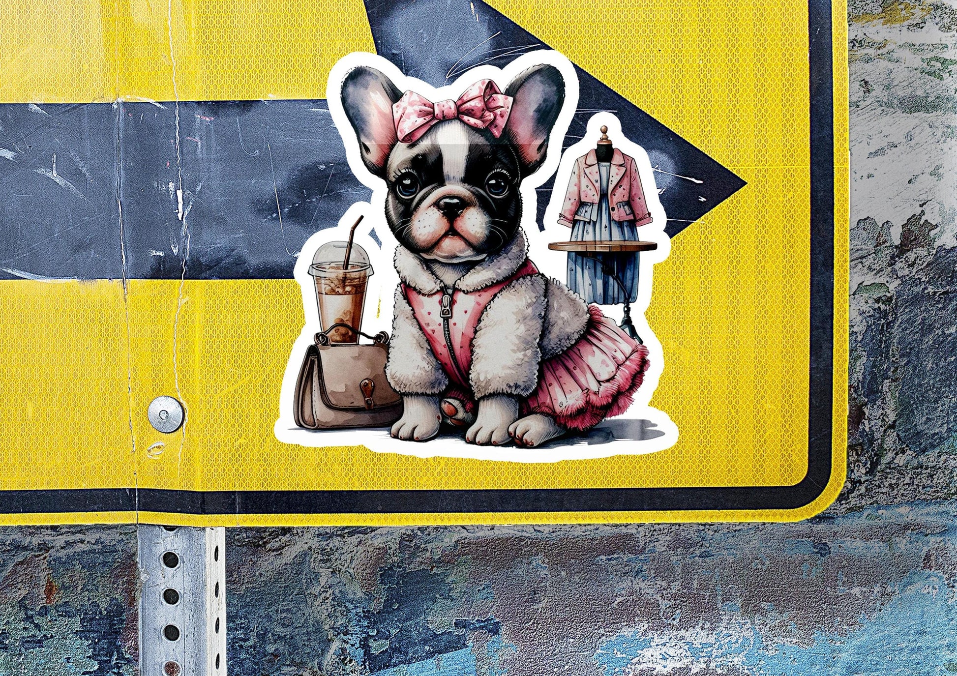 a sticker of a dog with a pink bow sitting next to a fire hydra