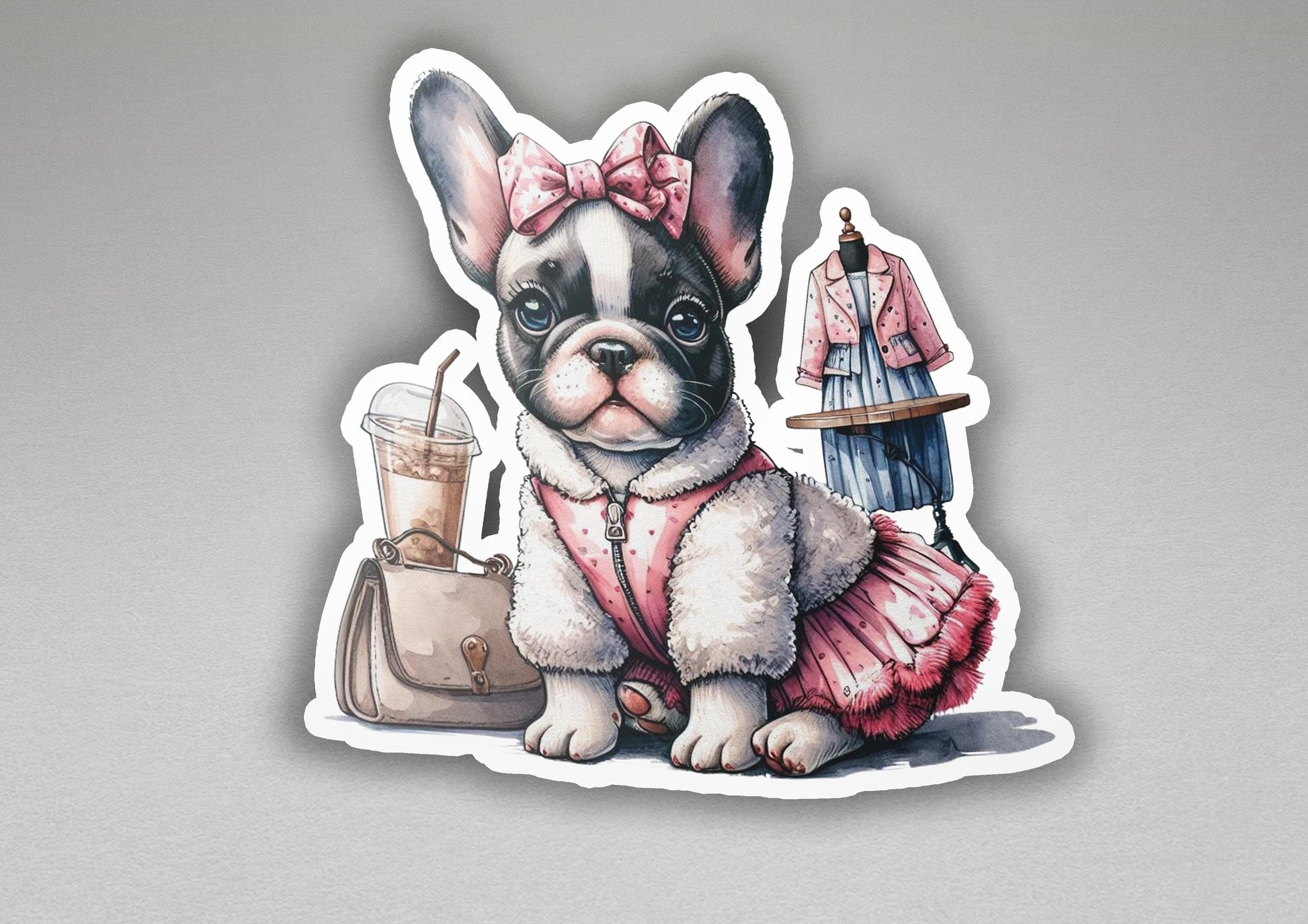 a sticker of a dog in a pink dress
