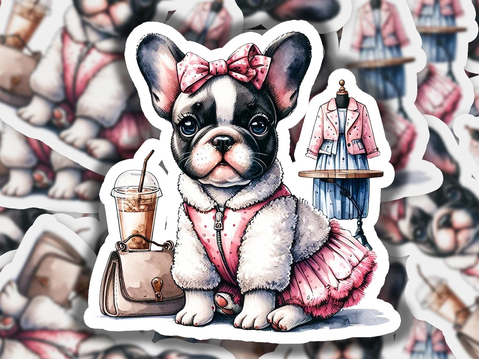 a sticker of a dog wearing a pink dress