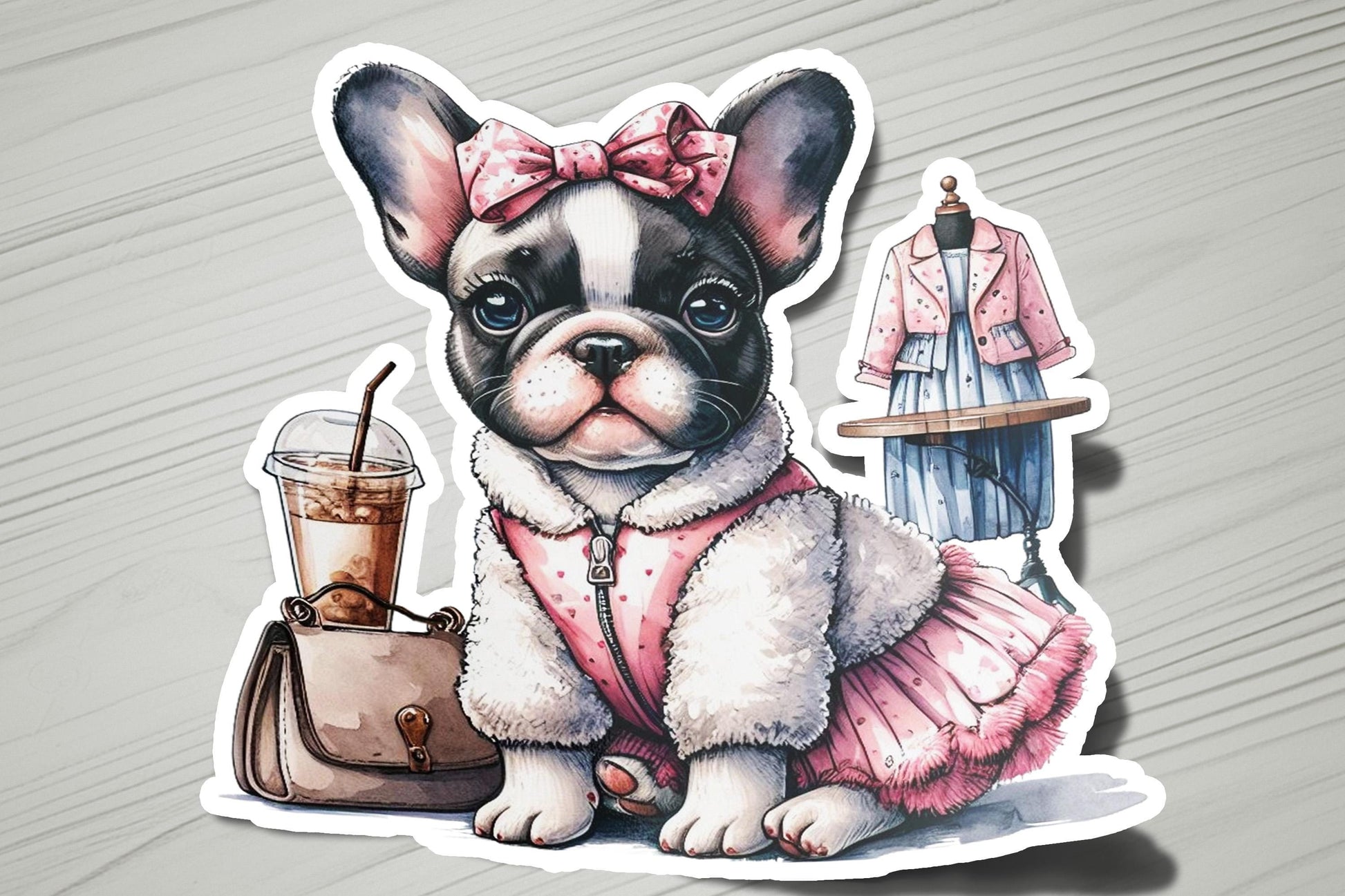 a sticker of a dog wearing a pink dress