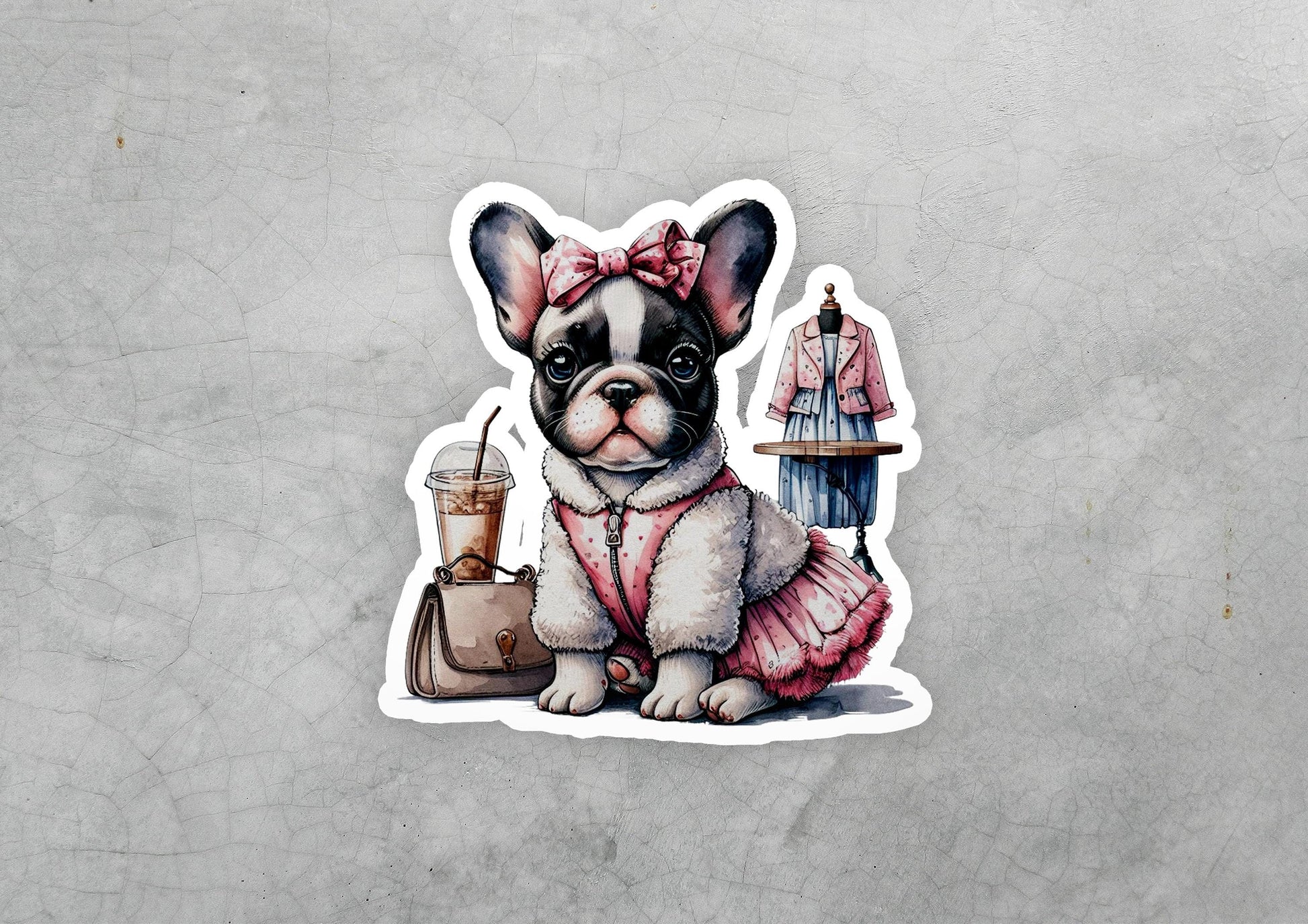 a sticker of a dog in a pink dress