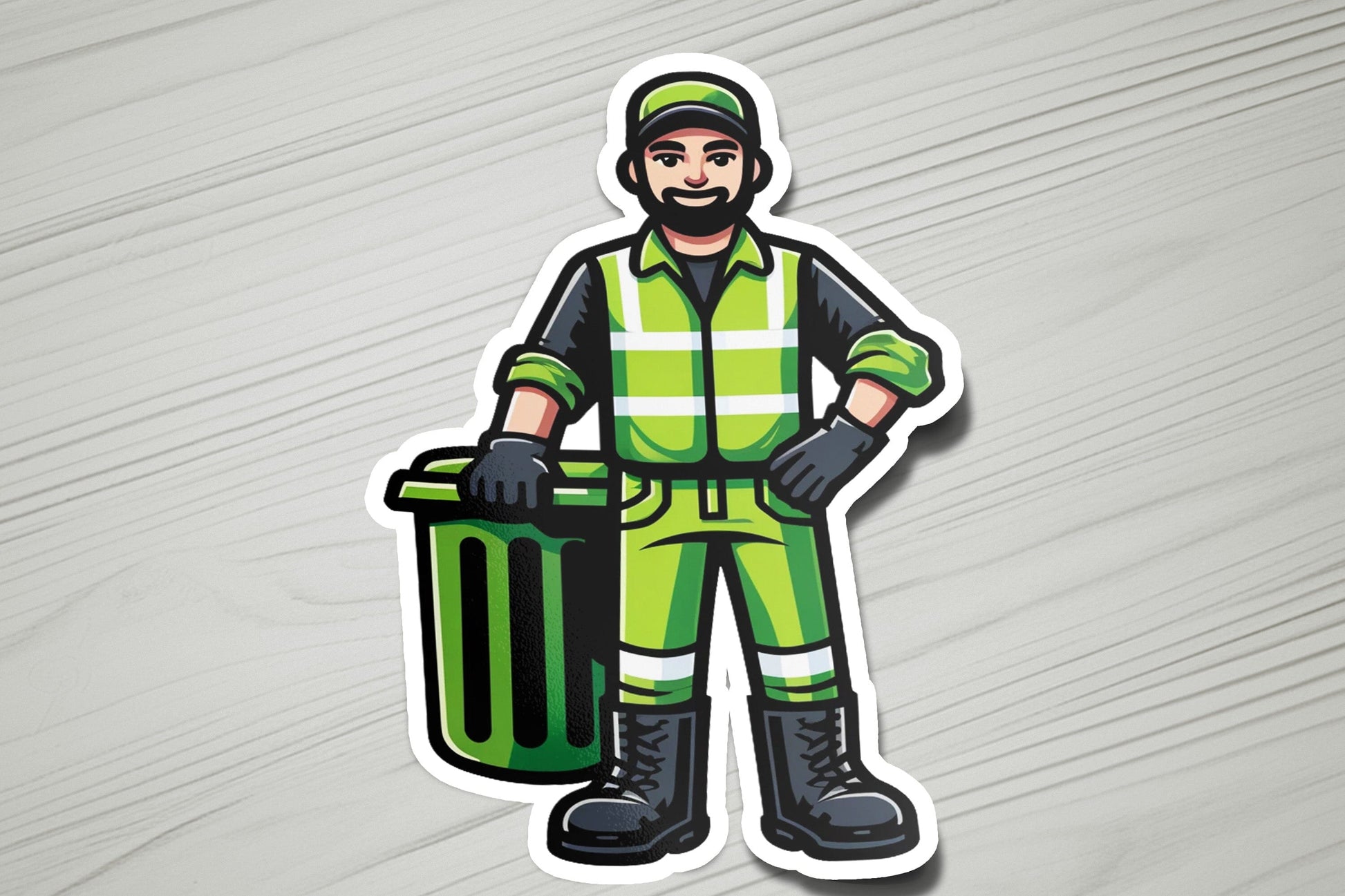 a sticker of a man holding a trash can