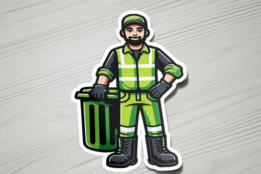 a sticker of a man holding a trash can