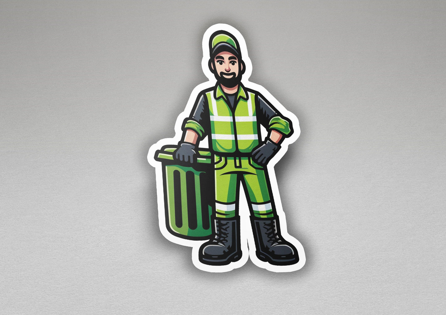 a sticker of a man holding a trash can