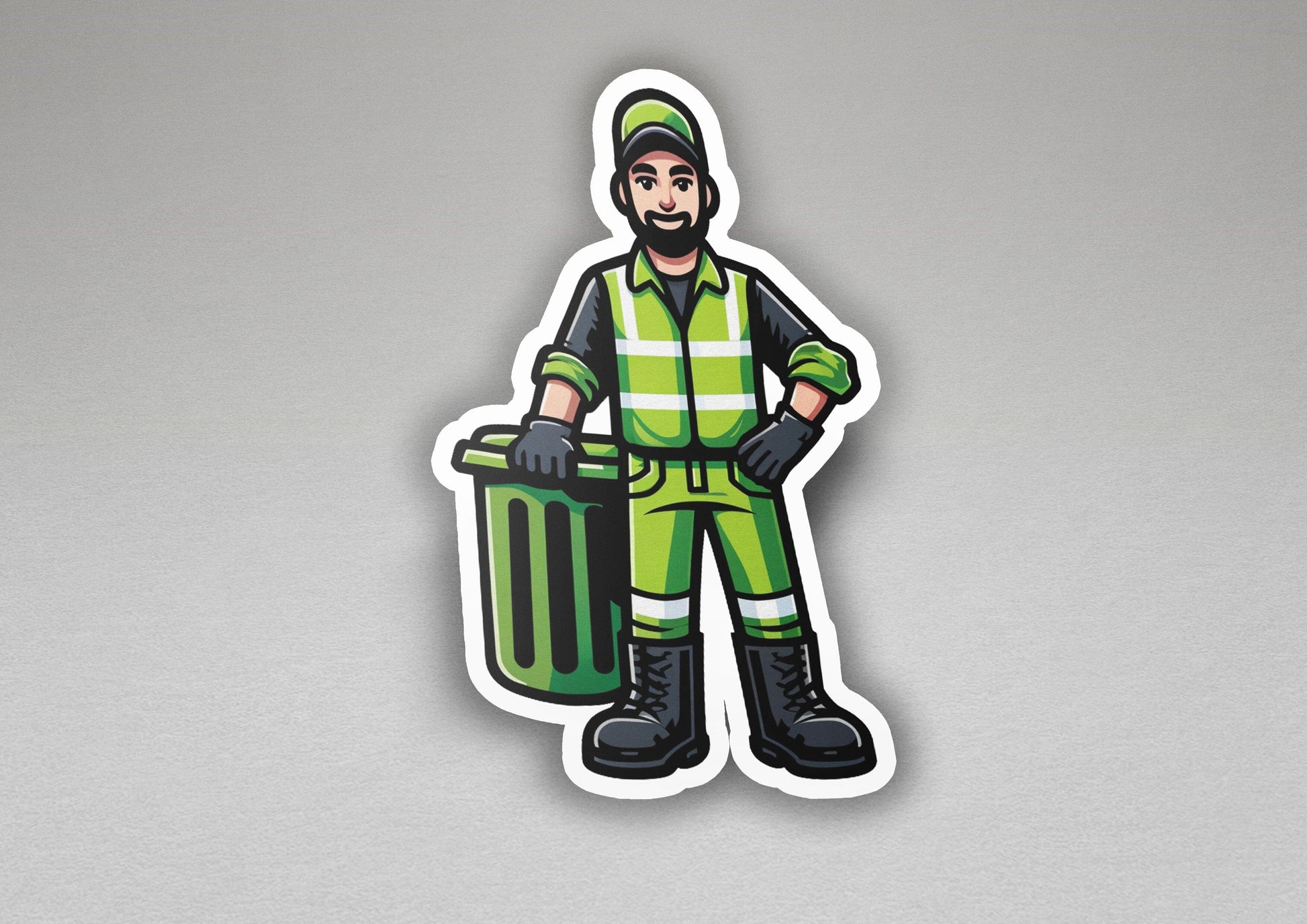 a sticker of a man holding a trash can