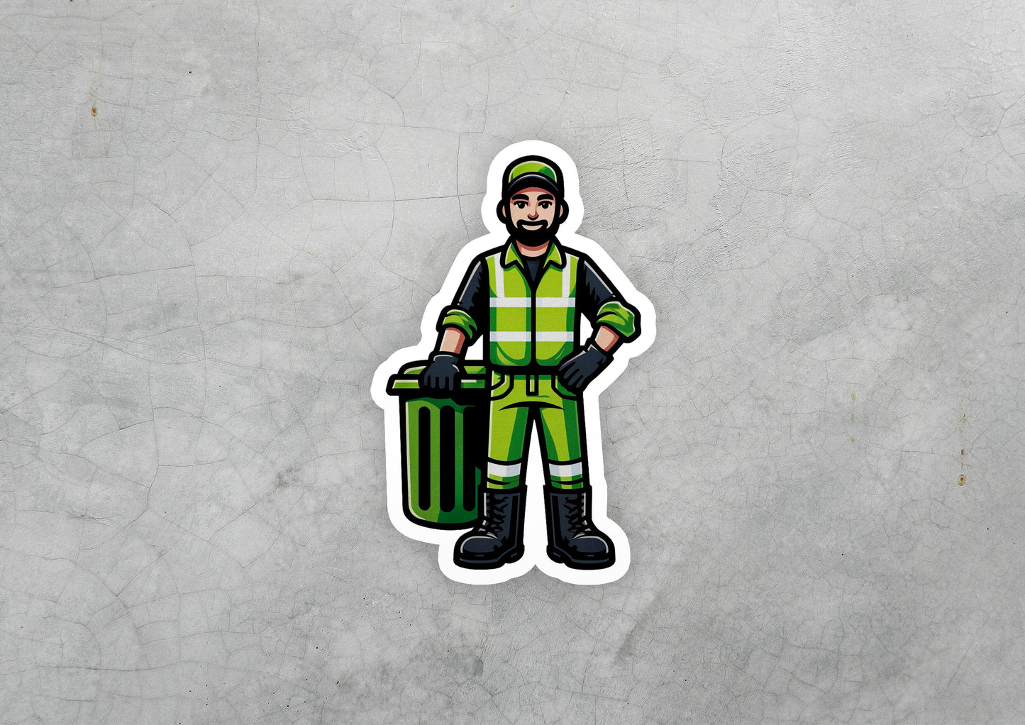 a sticker of a man holding a trash can