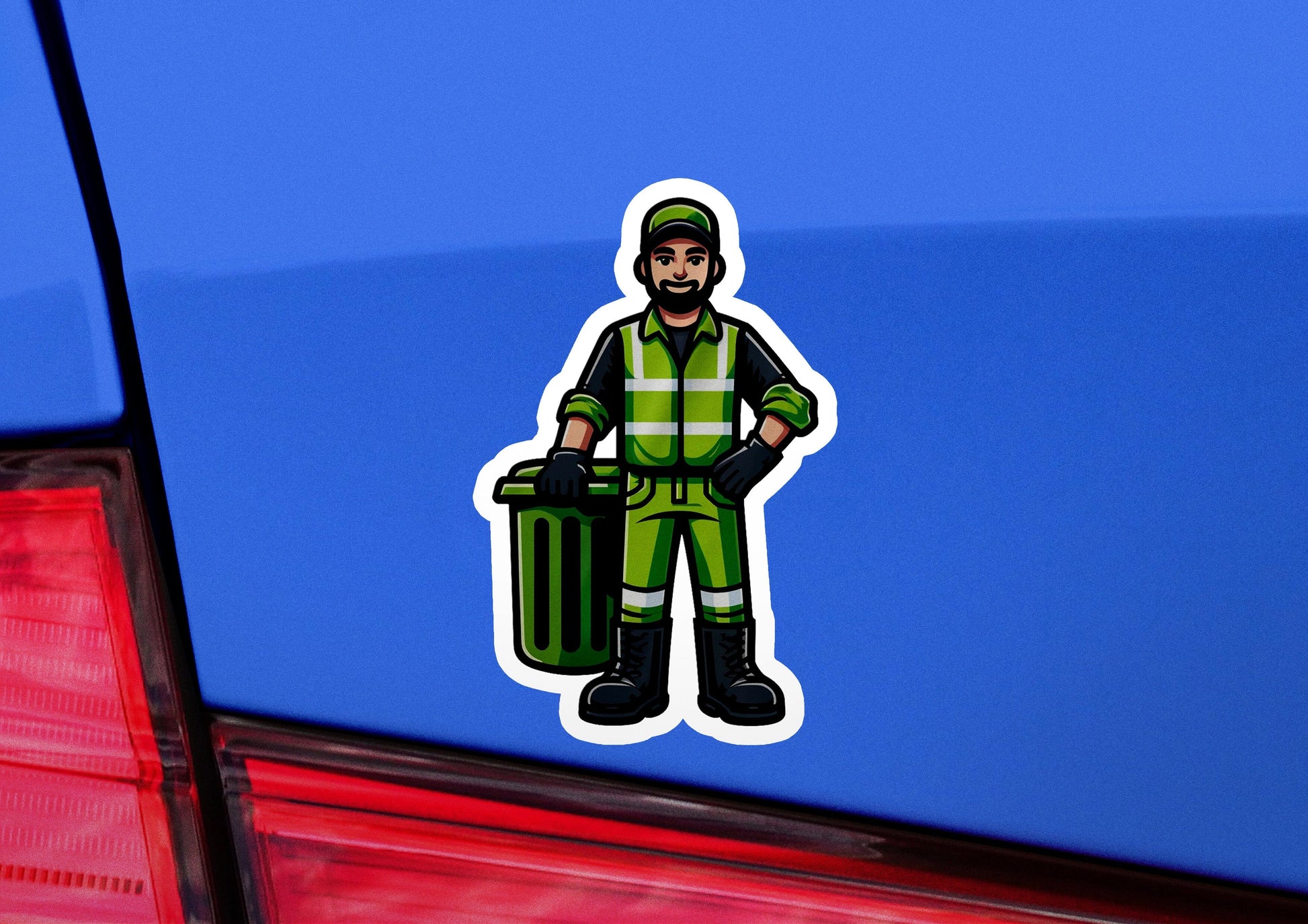 a car with a sticker of a man holding a trash can
