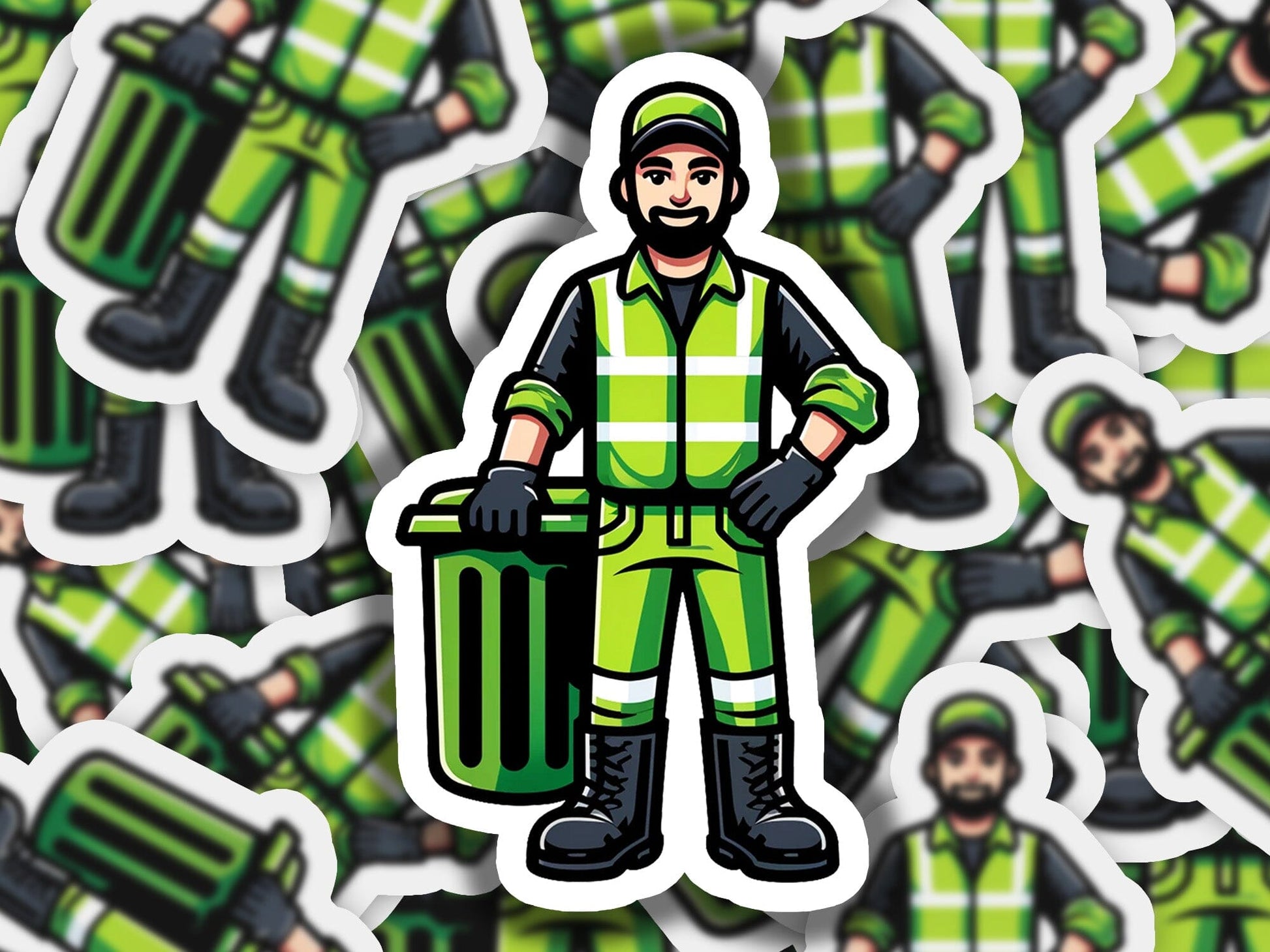 a sticker of a man holding a trash can