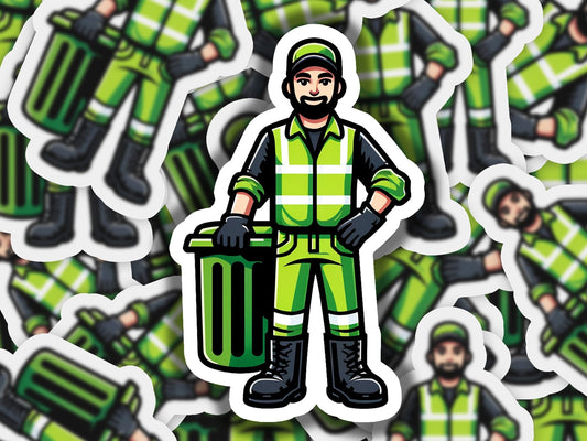 a sticker of a man holding a trash can