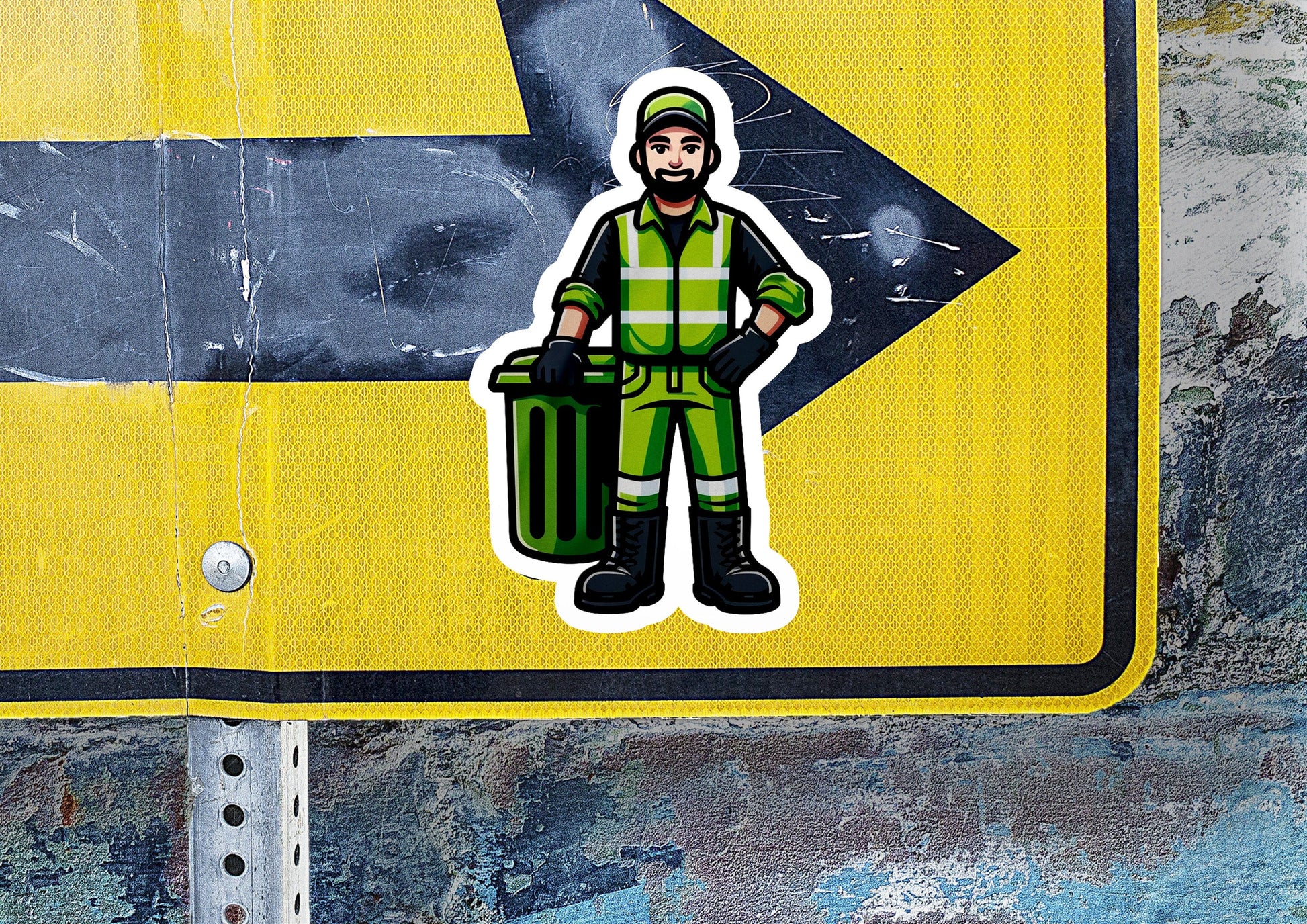 a sticker of a man holding a trash can