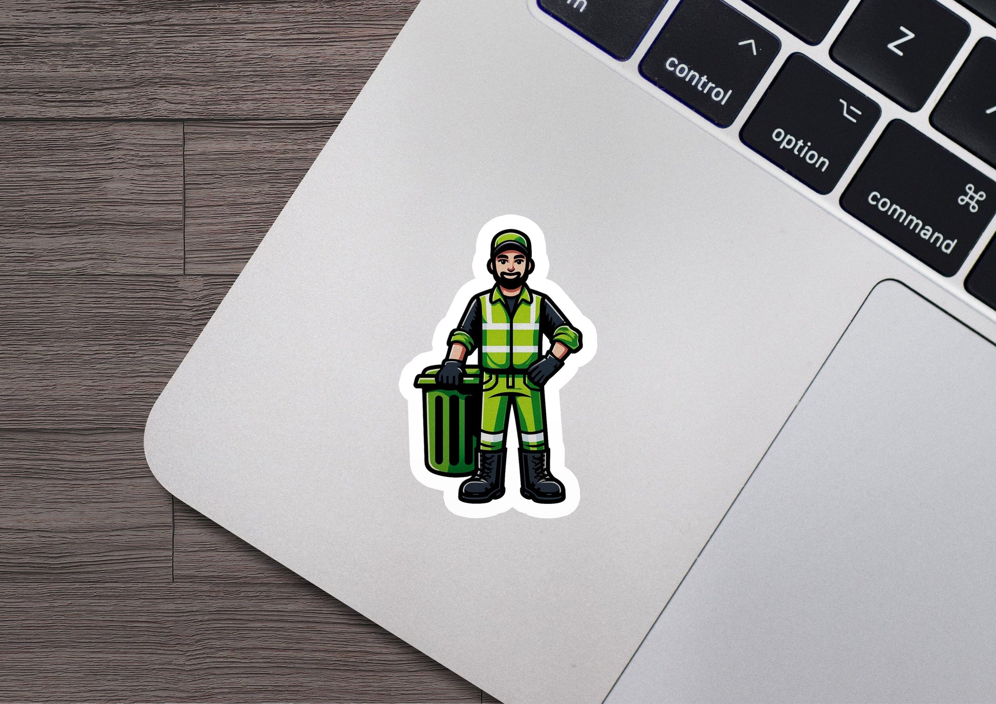a sticker of a man holding a trash can