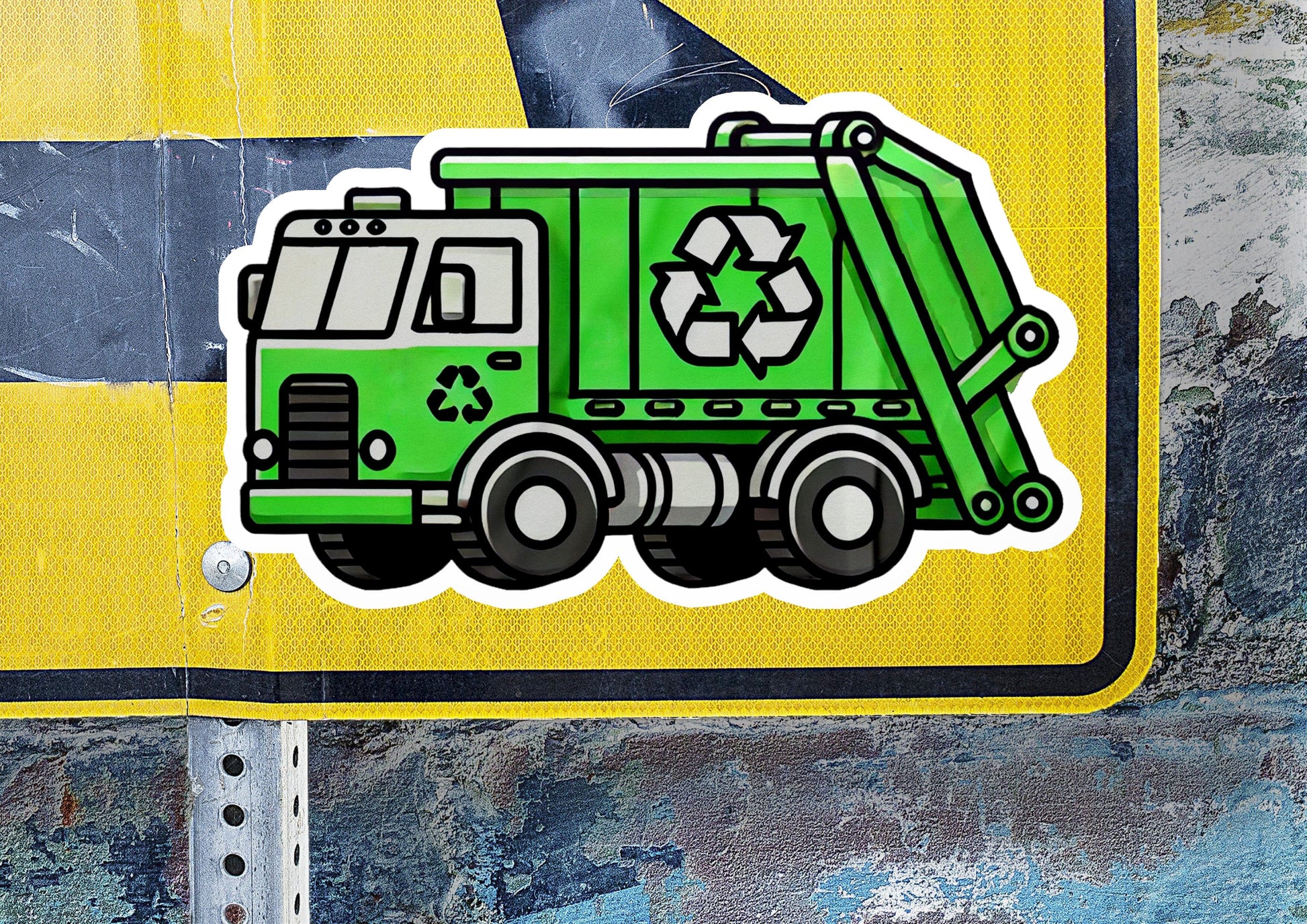 a green garbage truck sticker on a yellow and black sign