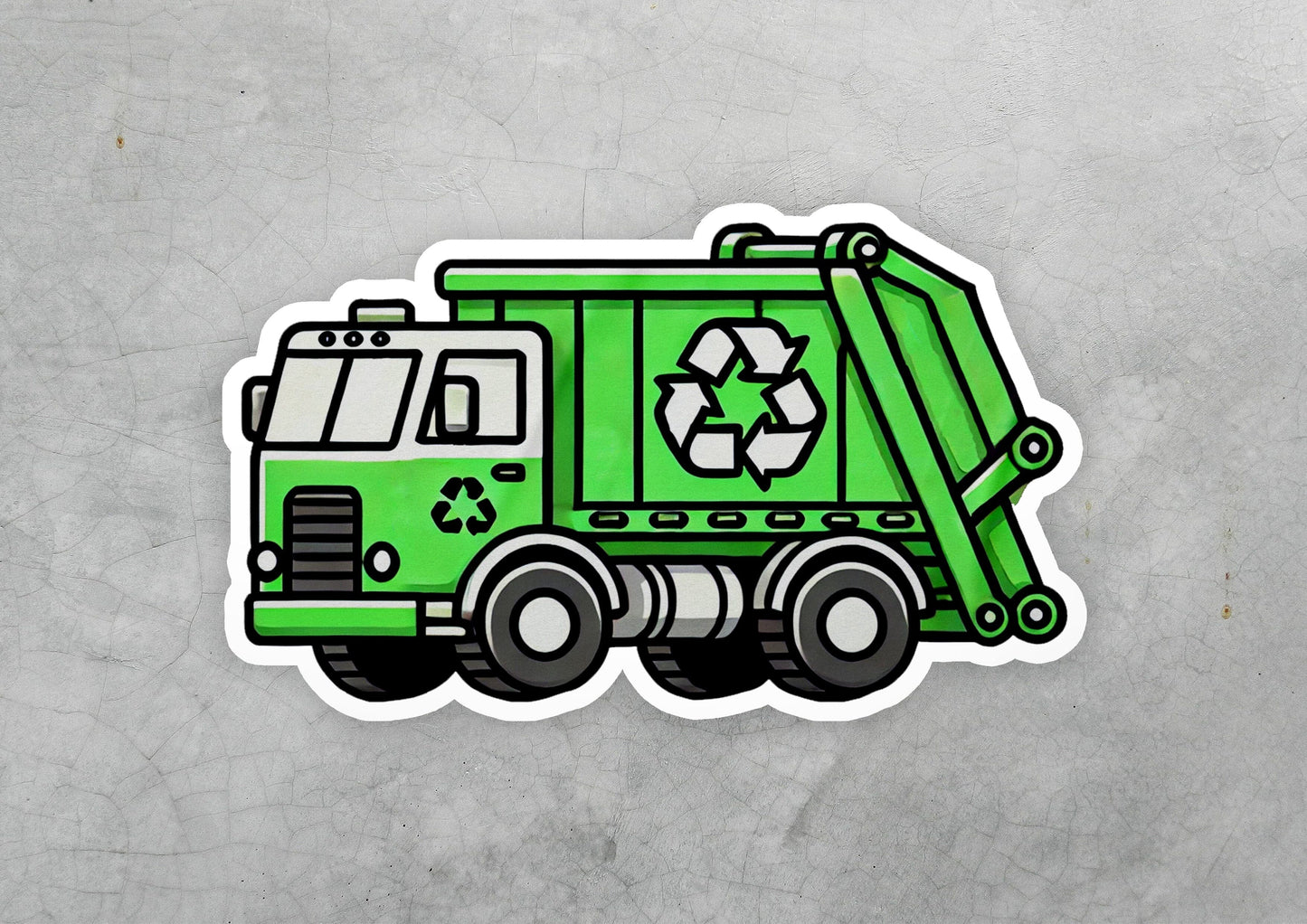 a sticker of a green garbage truck