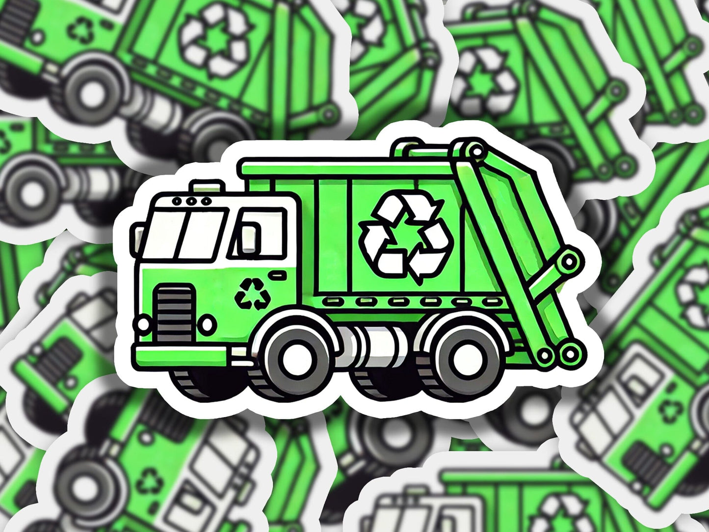 a green garbage truck with a recycle sticker on it