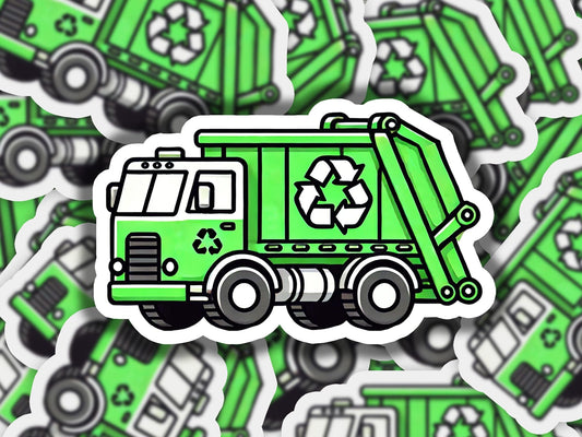 a green garbage truck with a recycle sticker on it
