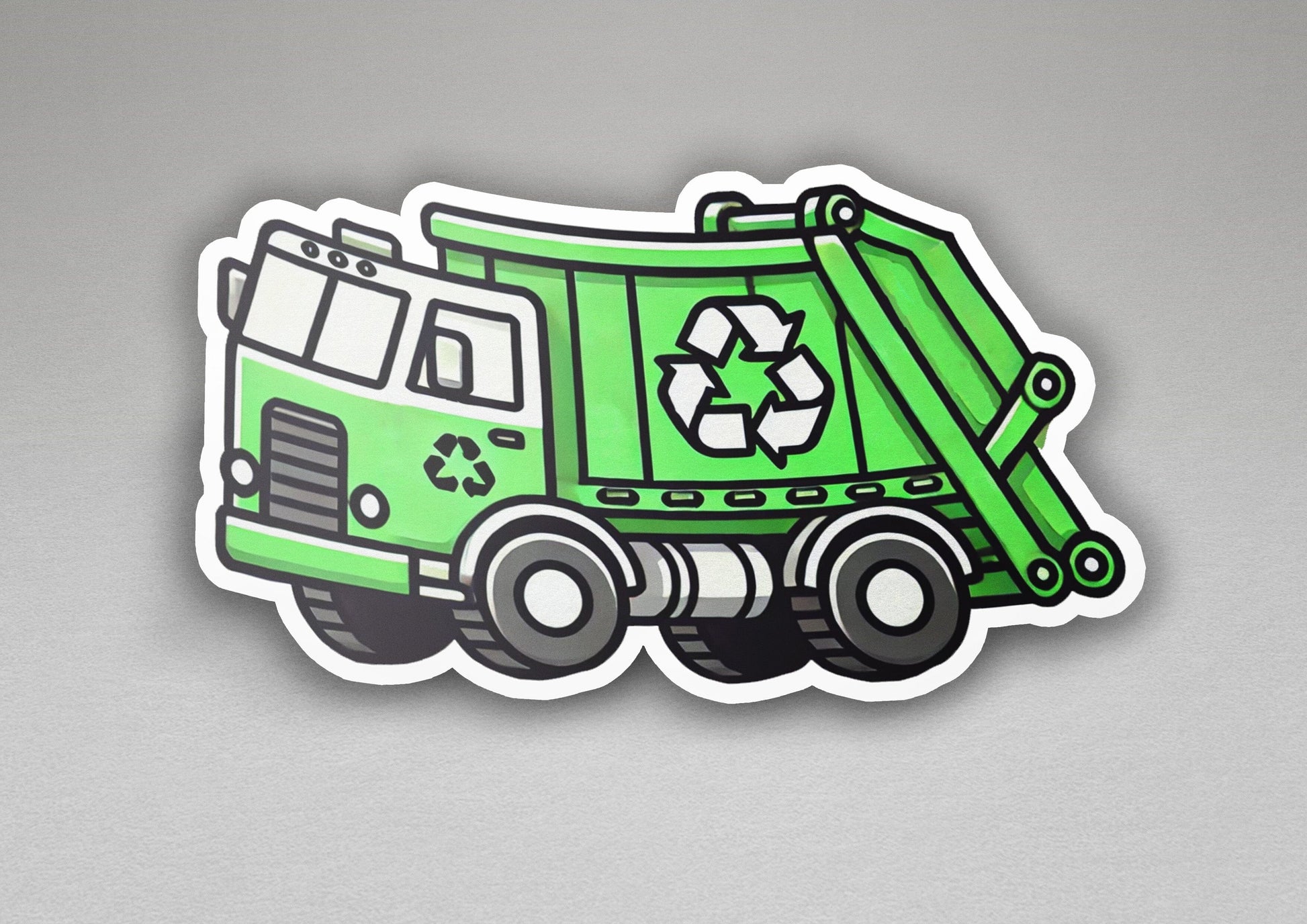 a sticker of a green garbage truck