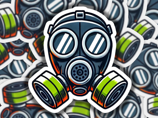 a sticker of a gas mask surrounded by other stickers