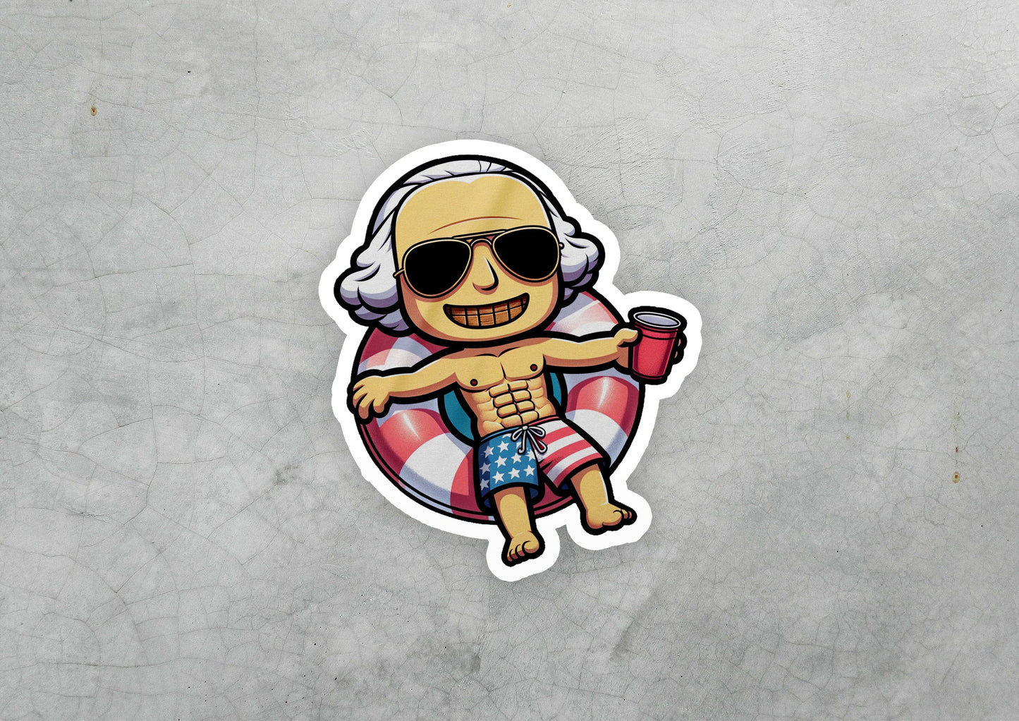 a sticker of a skeleton wearing sunglasses and a bathing suit