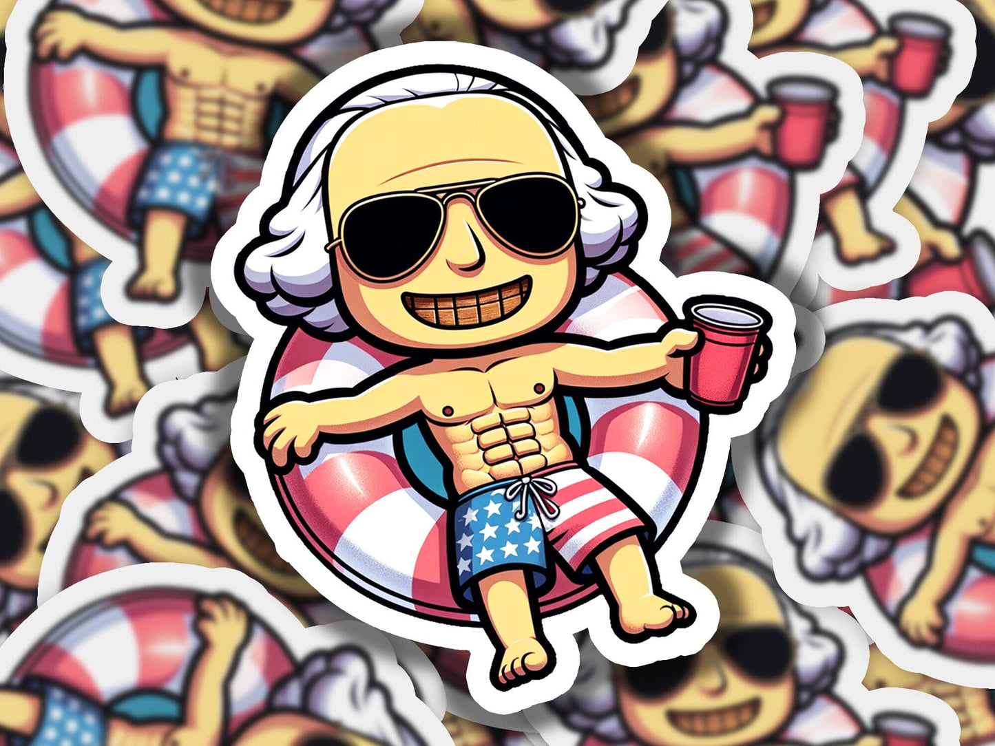 a sticker of a man with sunglasses and a life preserver