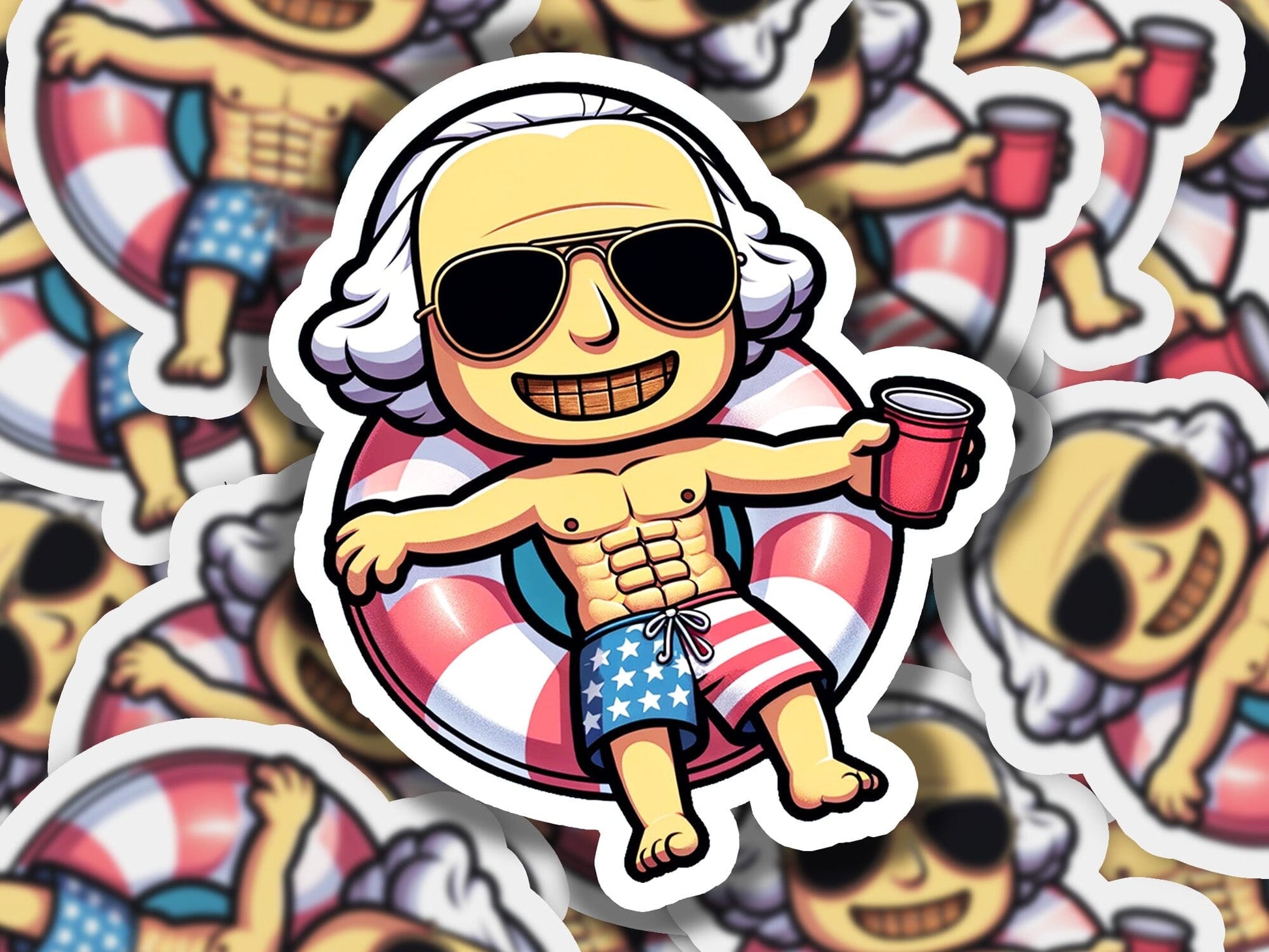 a sticker of a man with sunglasses and a life preserver
