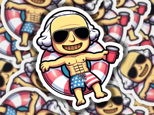 a sticker of a man with sunglasses and a life preserver