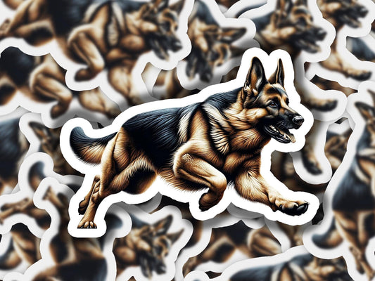 a sticker of a dog running through a lot of dogs