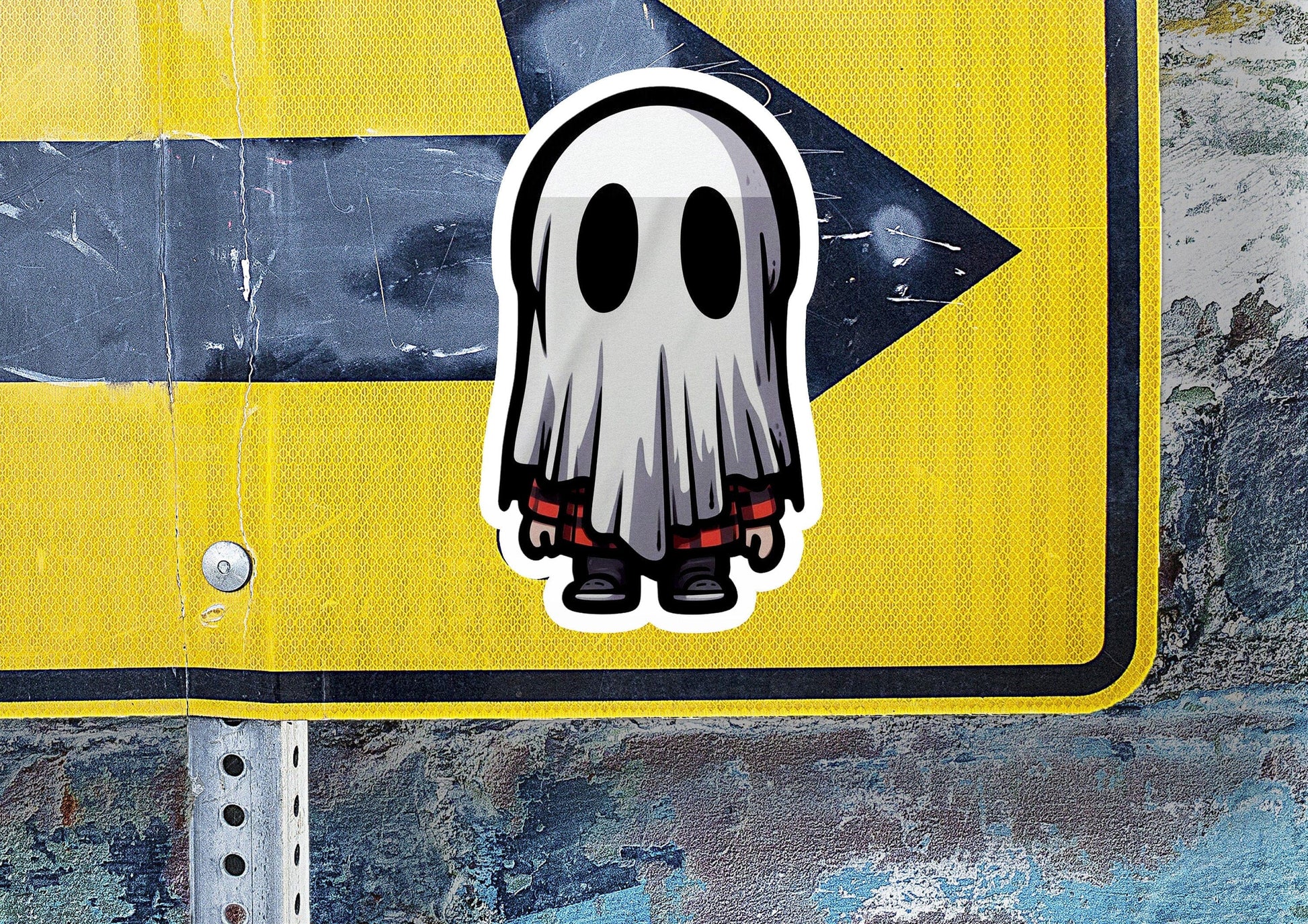 a sticker of a ghost on a street sign