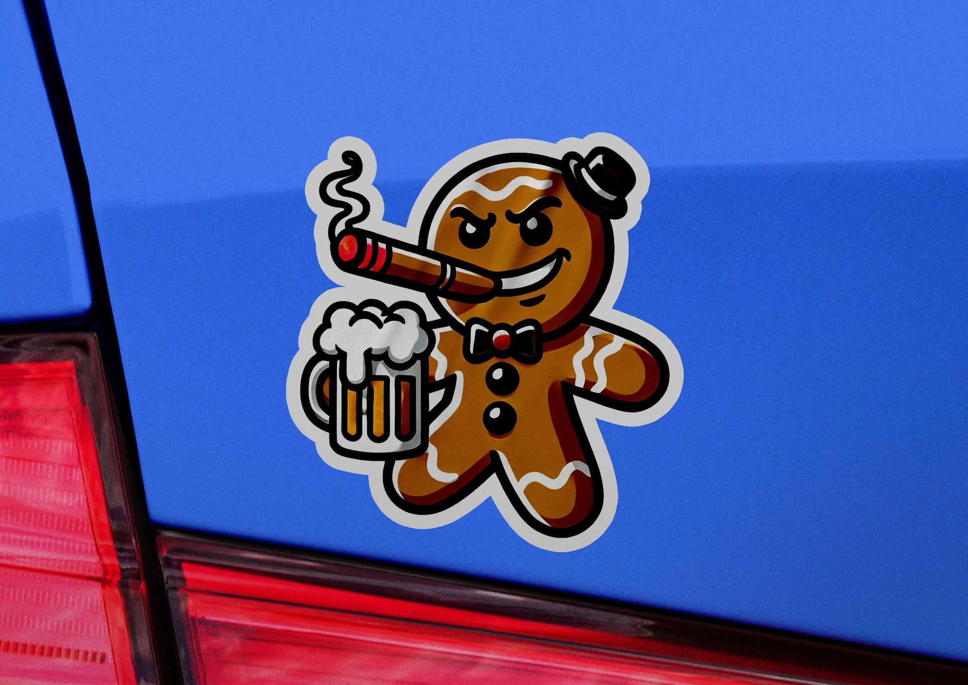 a car with a sticker of a ginger holding a beer