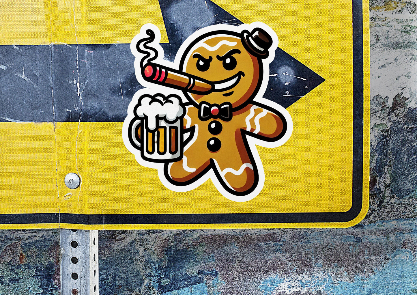 a street sign with a sticker of a ginger holding a beer