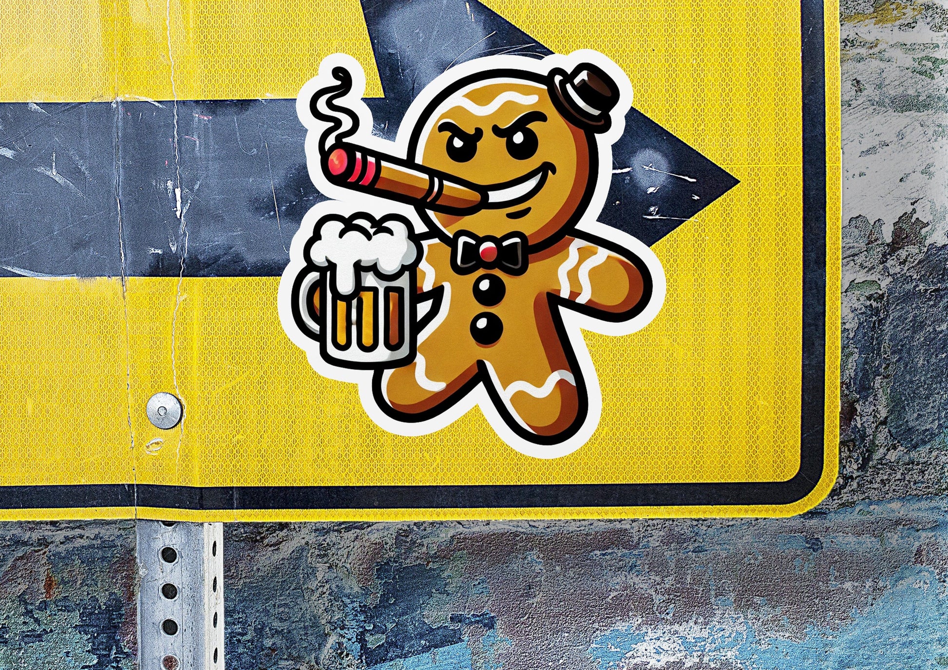 a street sign with a sticker of a ginger holding a beer