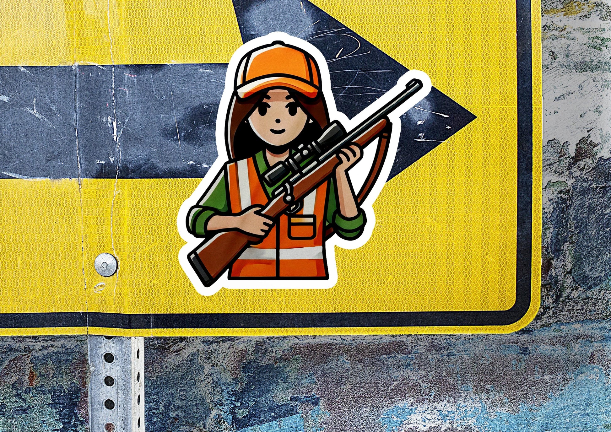 a sticker of a woman holding a rifle