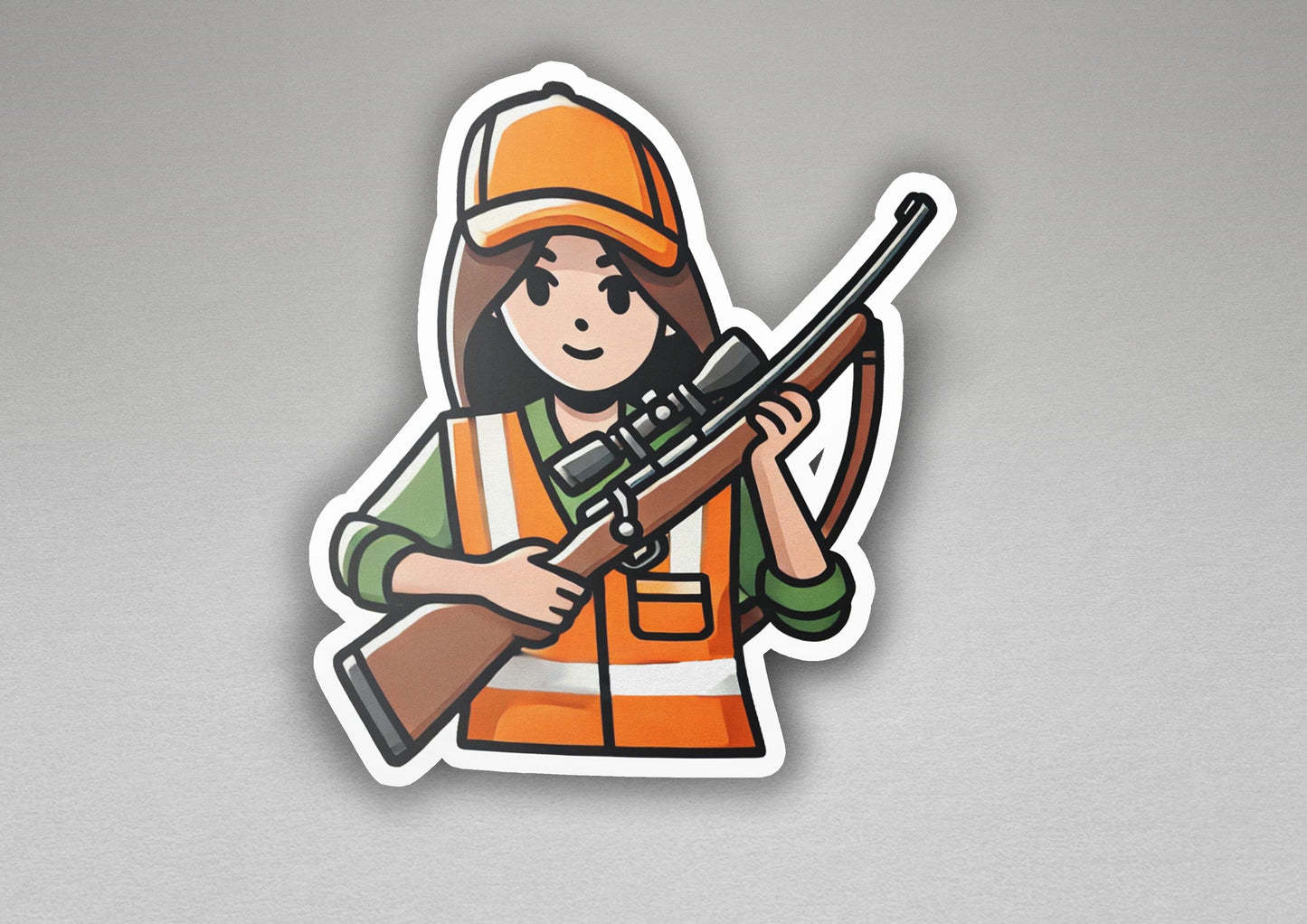 a sticker of a woman holding a rifle