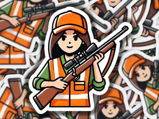 a sticker of a woman holding a rifle