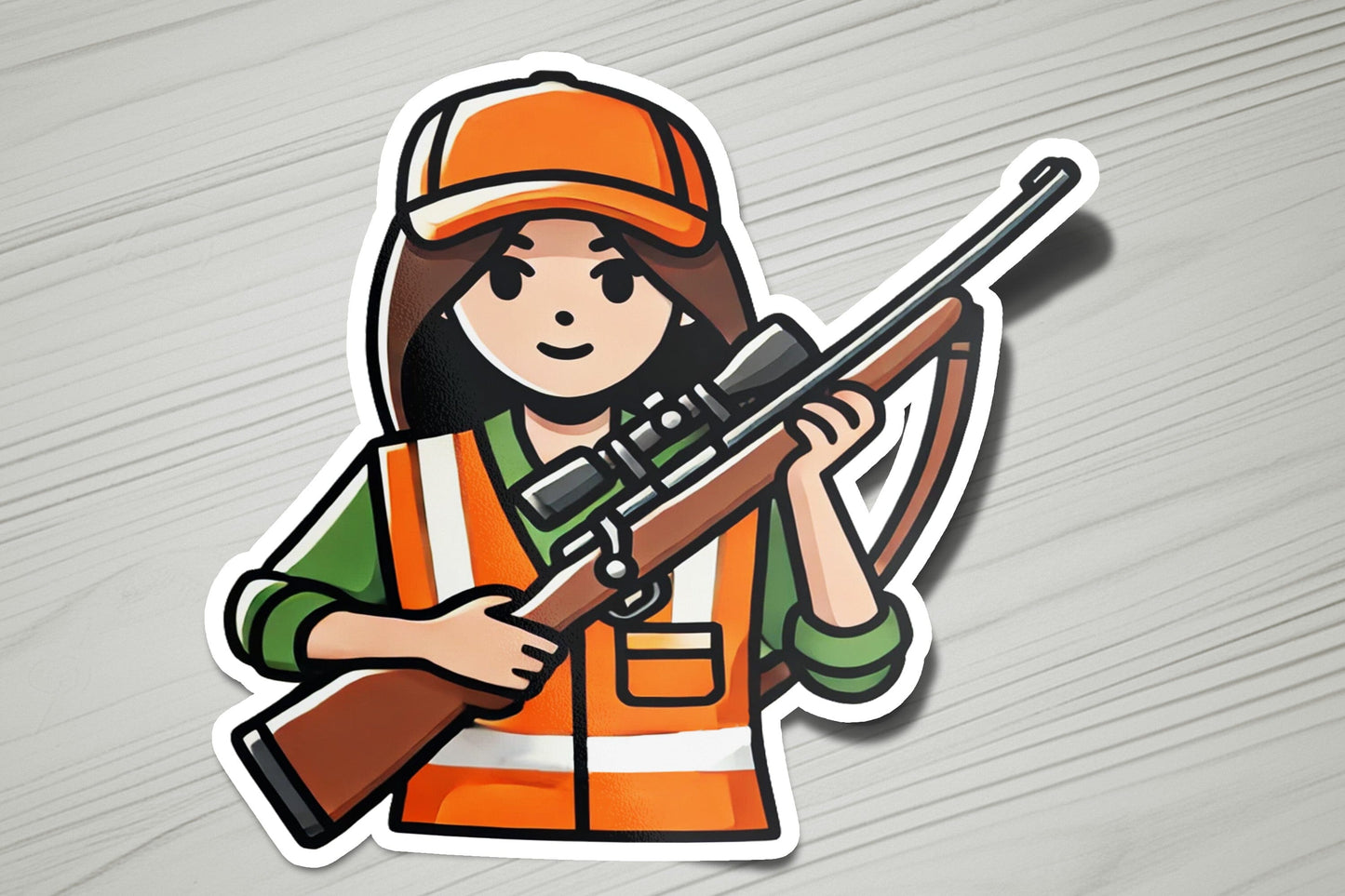 a sticker of a woman holding a rifle