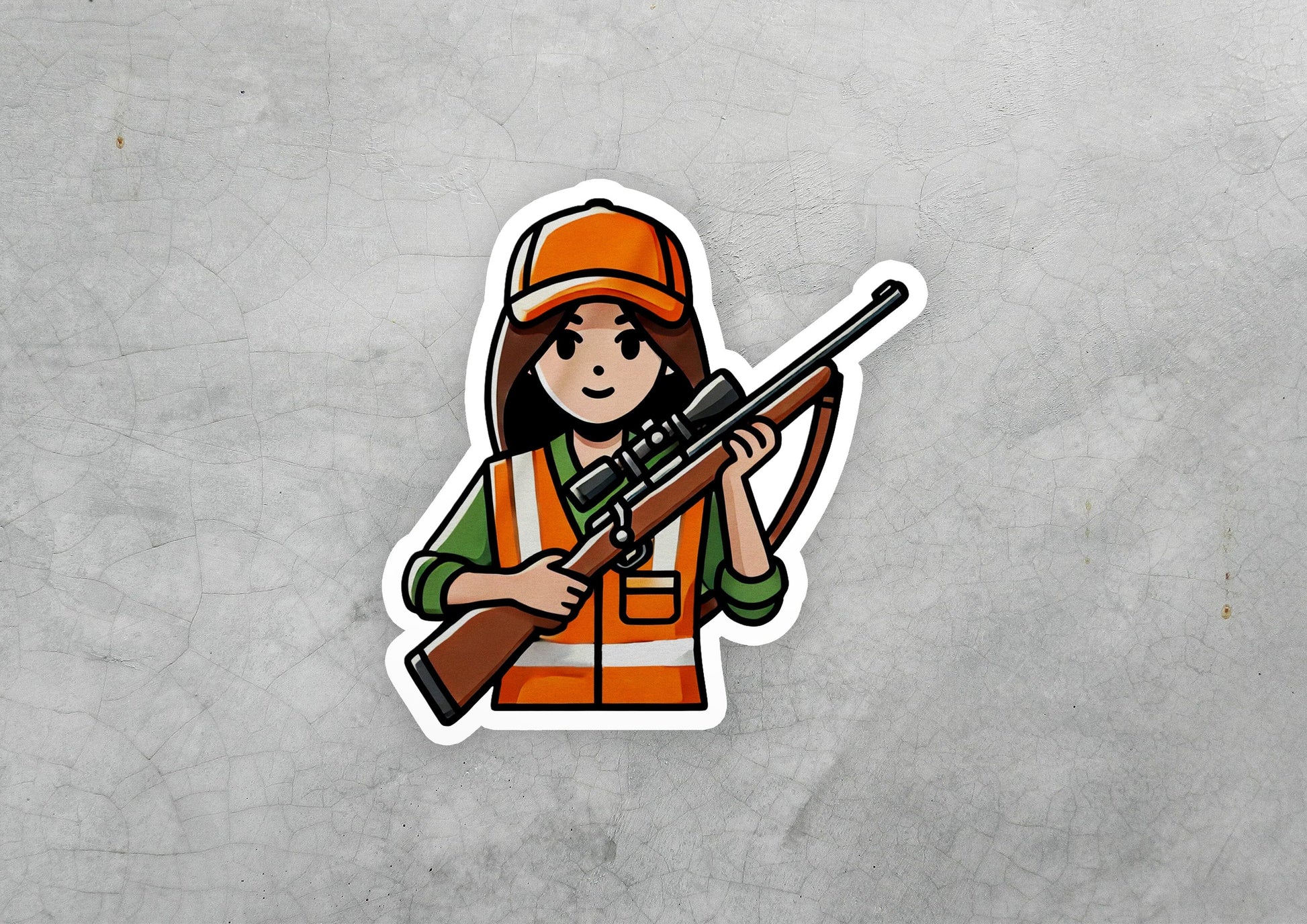a sticker of a woman holding a rifle