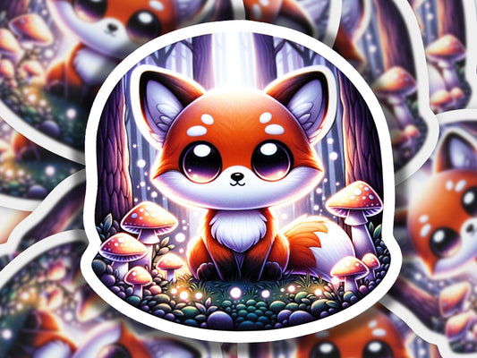 a sticker of a red fox surrounded by mushrooms