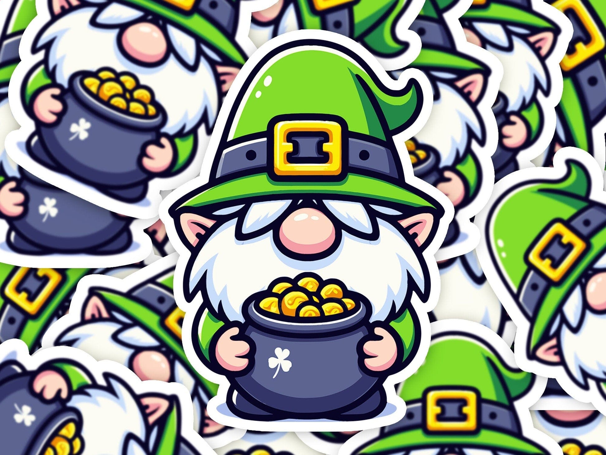 Gnome Pot of Gold Vinyl Sticker | Dishwasher Safe & Durable | Custom Sizes | Fast Shipping | Made in USA Fiesta Doodle waterproof vinyl sticker. dishwasher safe outdoor sticker.