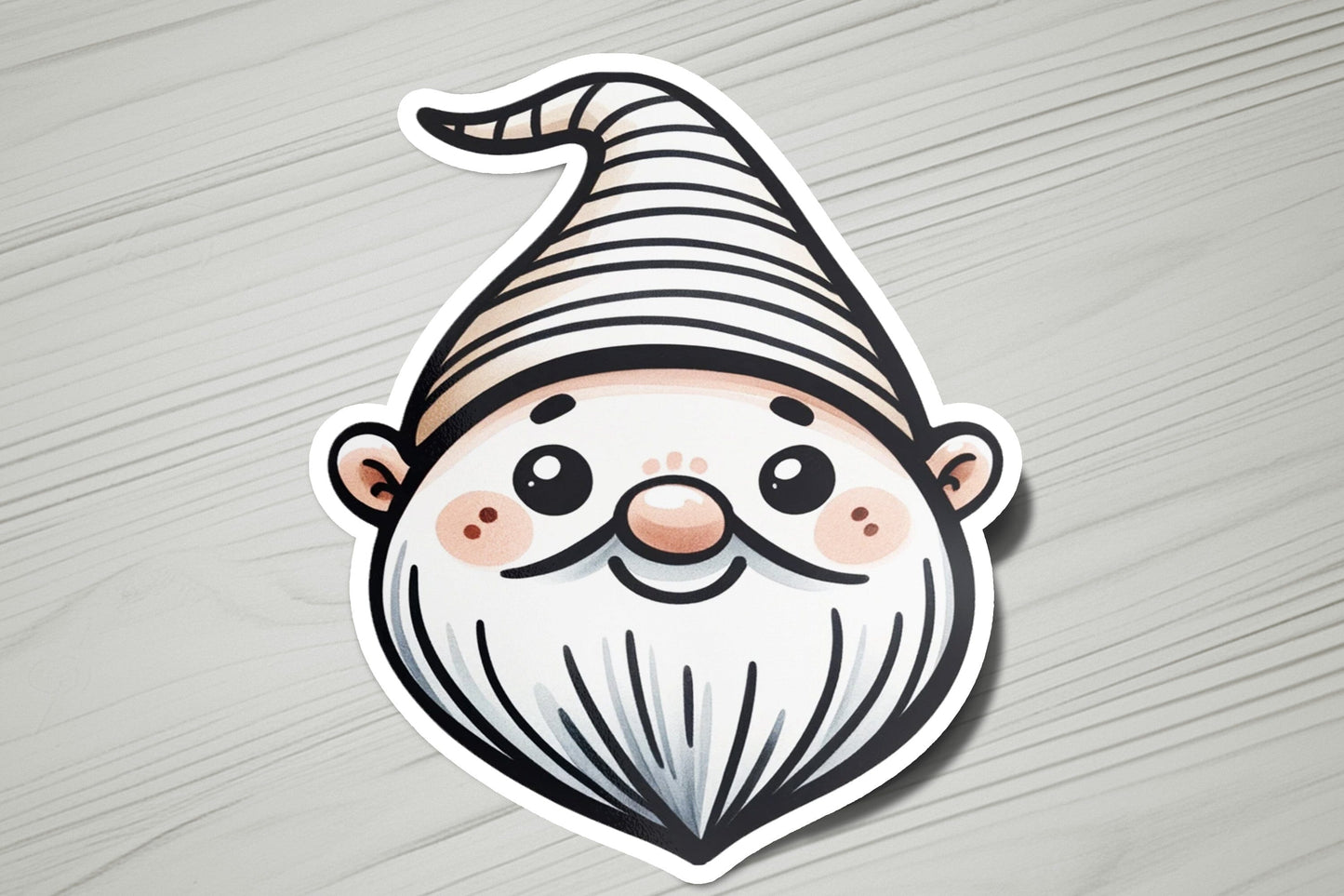 a sticker of a gnome face on a wooden surface