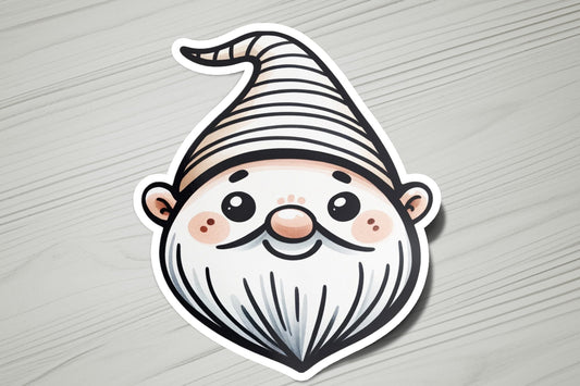 a sticker of a gnome face on a wooden surface