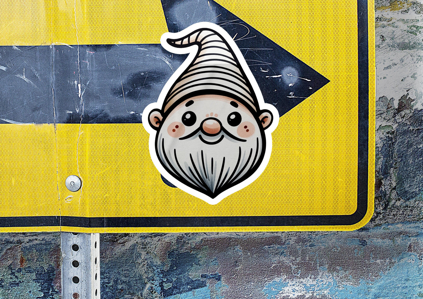 a street sign with a sticker of a gnome on it