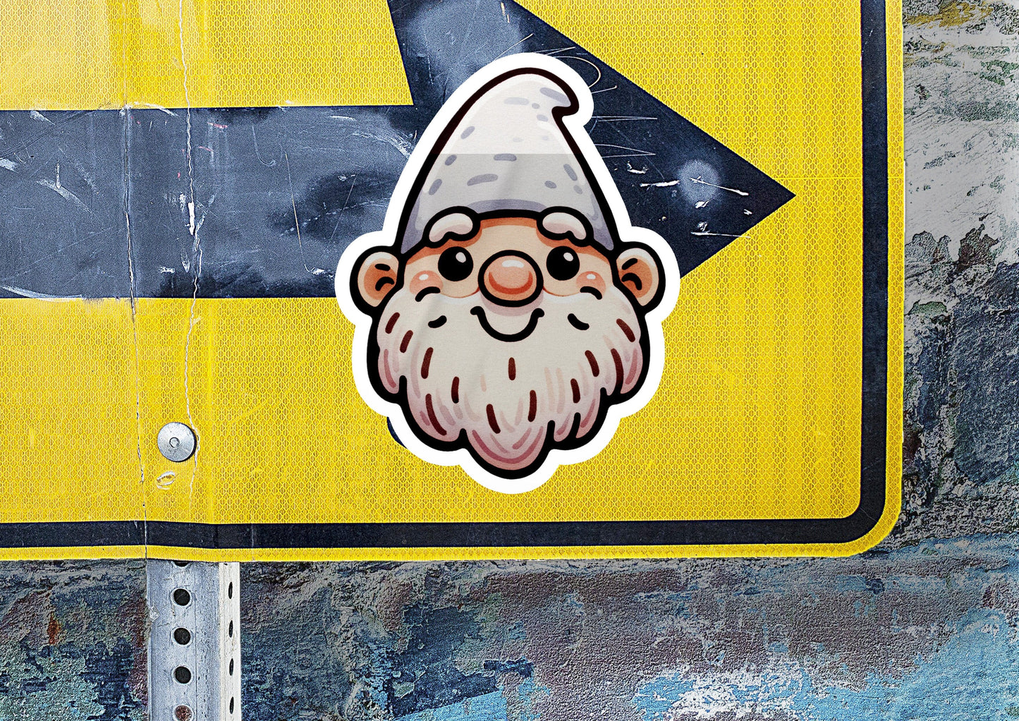 a close up of a street sign with a gnome face